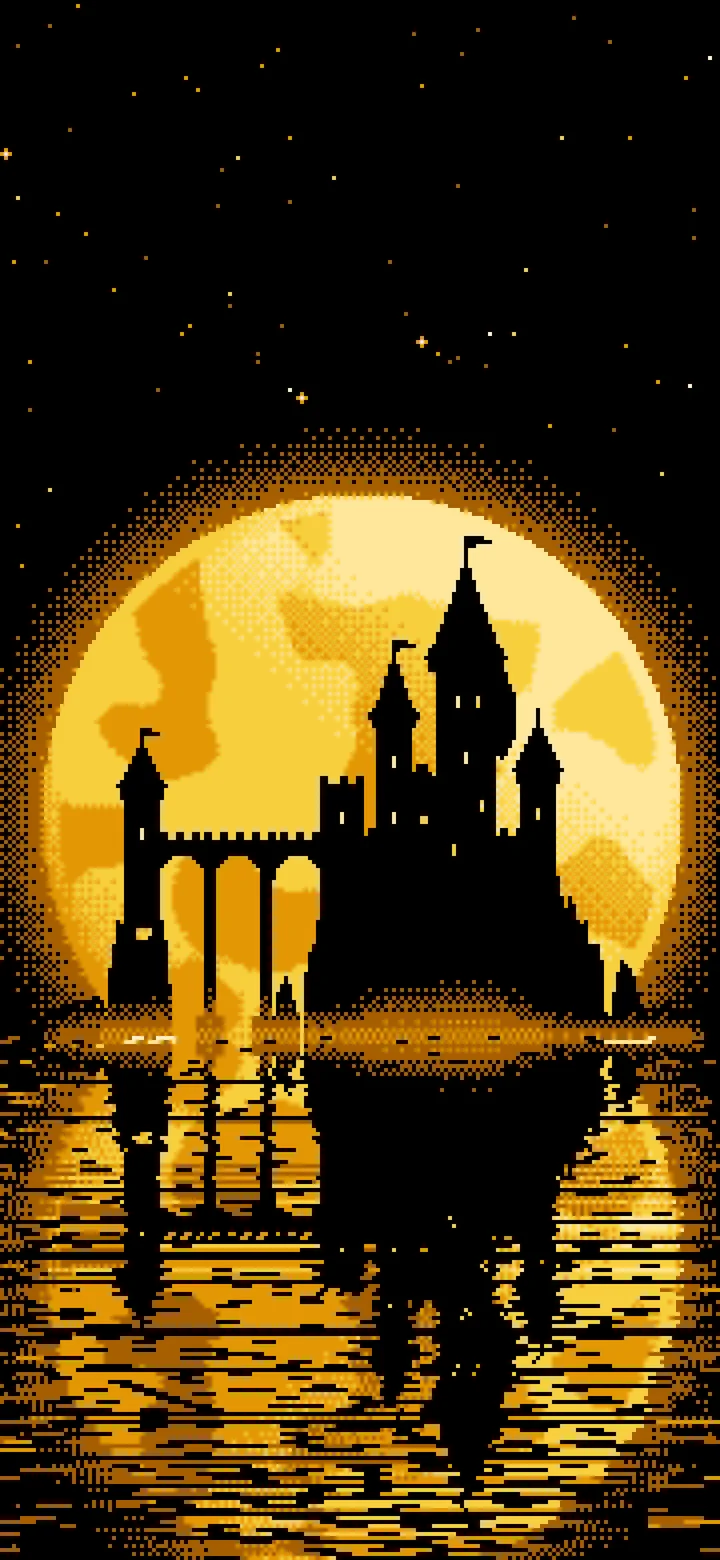 Yellow Pixel Art Castle and Full Moon wallpaper for iPhone and Android