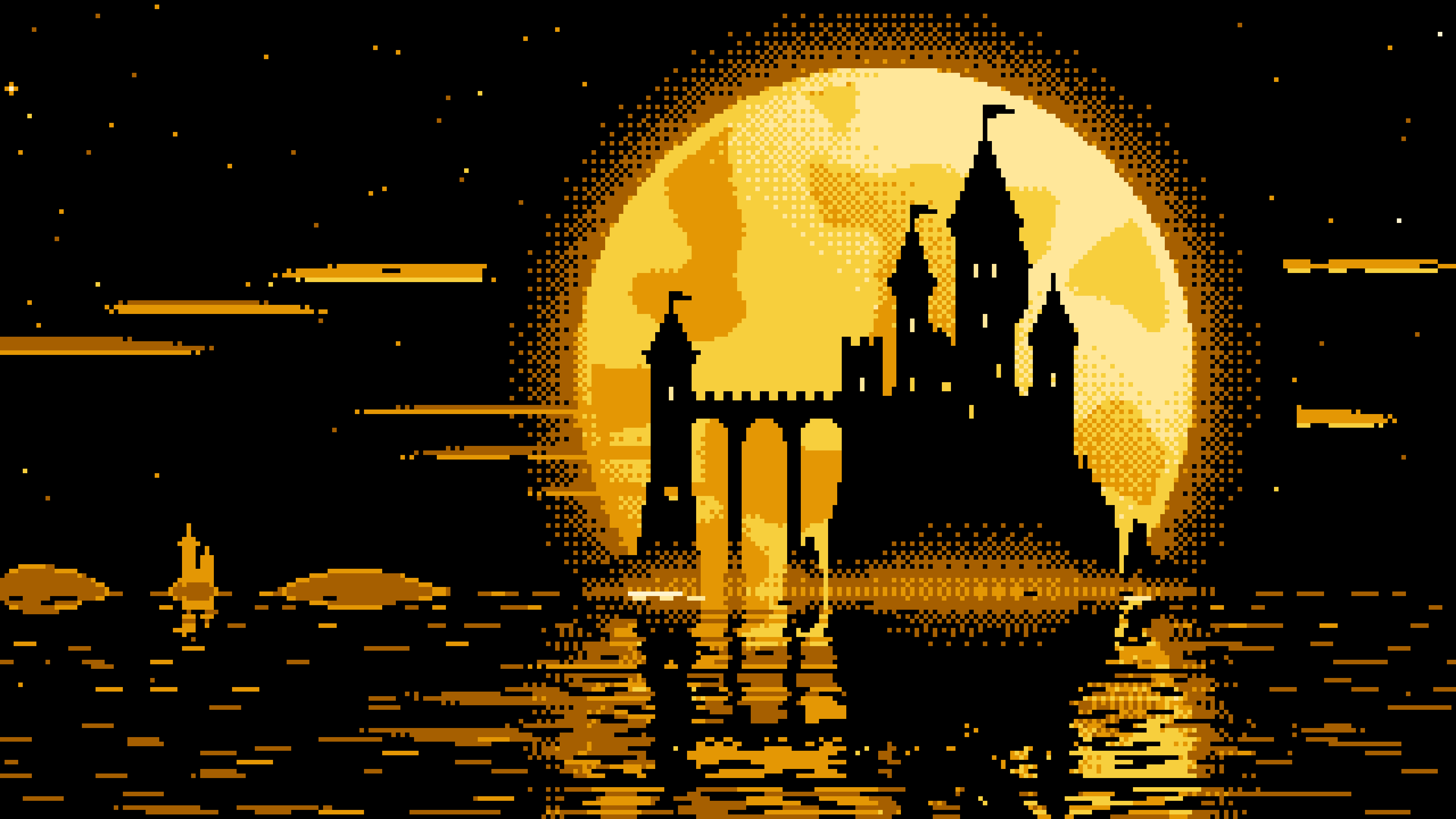 Yellow Pixel Art Castle and Full Moon desktop wallpaper in 4K