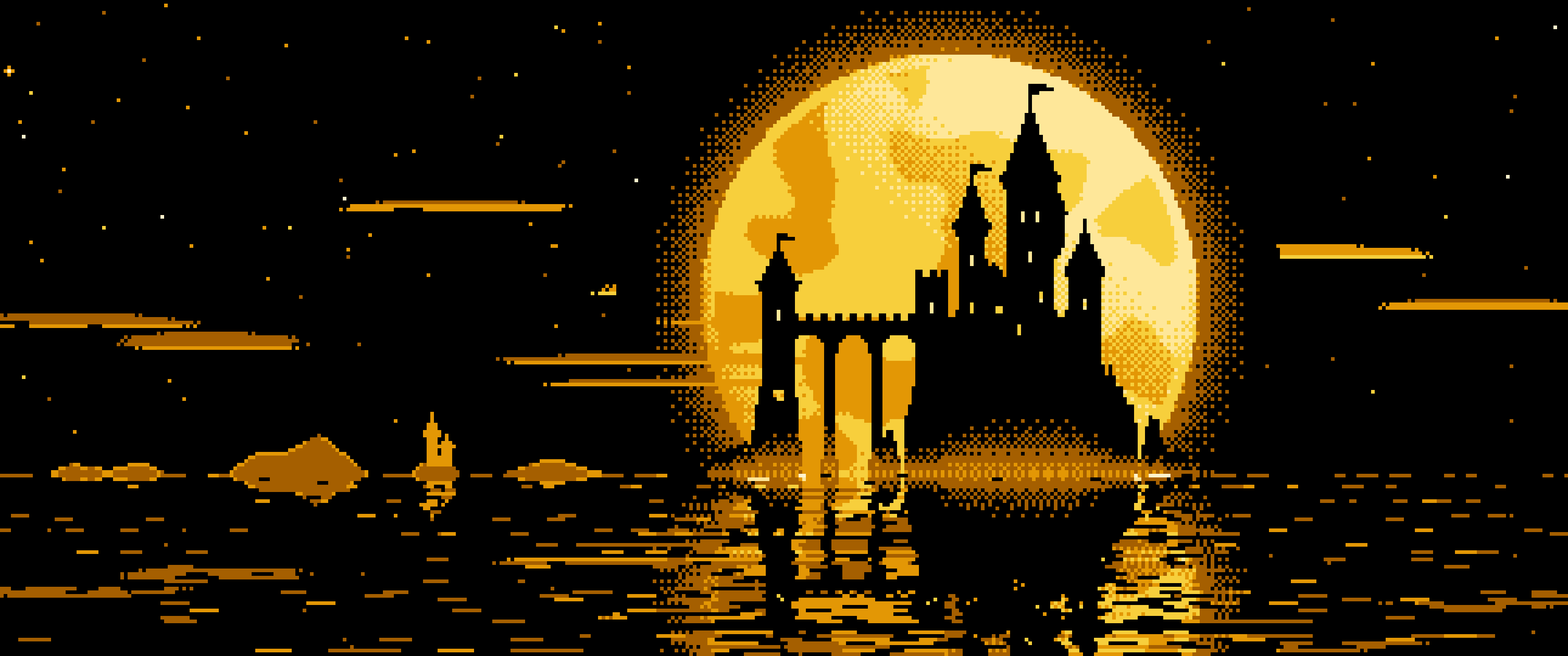 Yellow Pixel Art Castle and Full Moon ultrawide wallpaper, 3440 × 1440