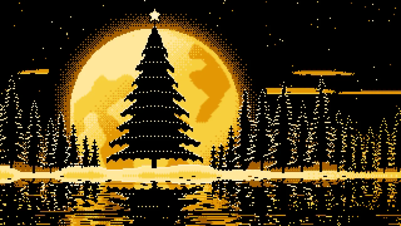 Yellow Pixel Art Christmas Tree and Full Moon desktop wallpaper in 4K