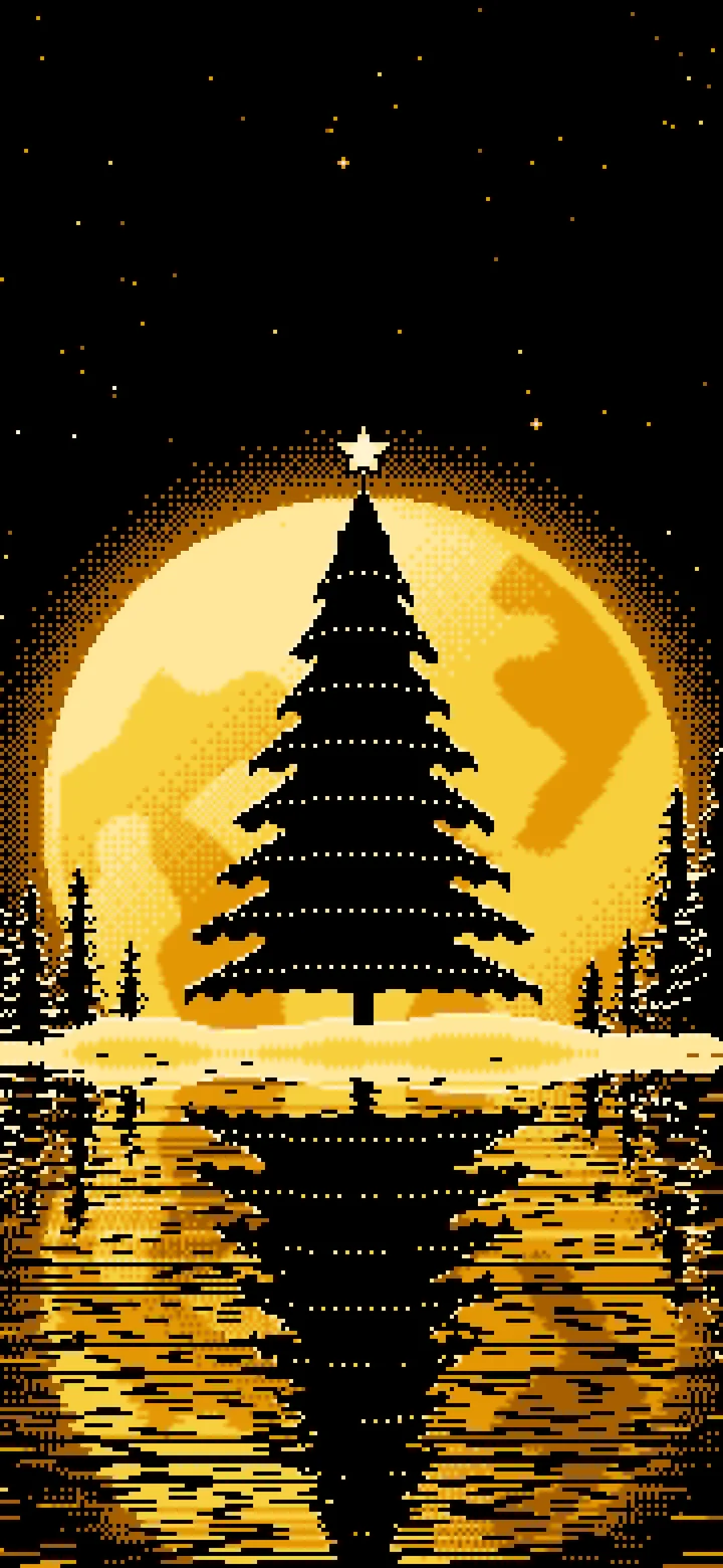 Yellow Pixel Art Christmas Tree and Full Moon wallpaper for iPhone and Android