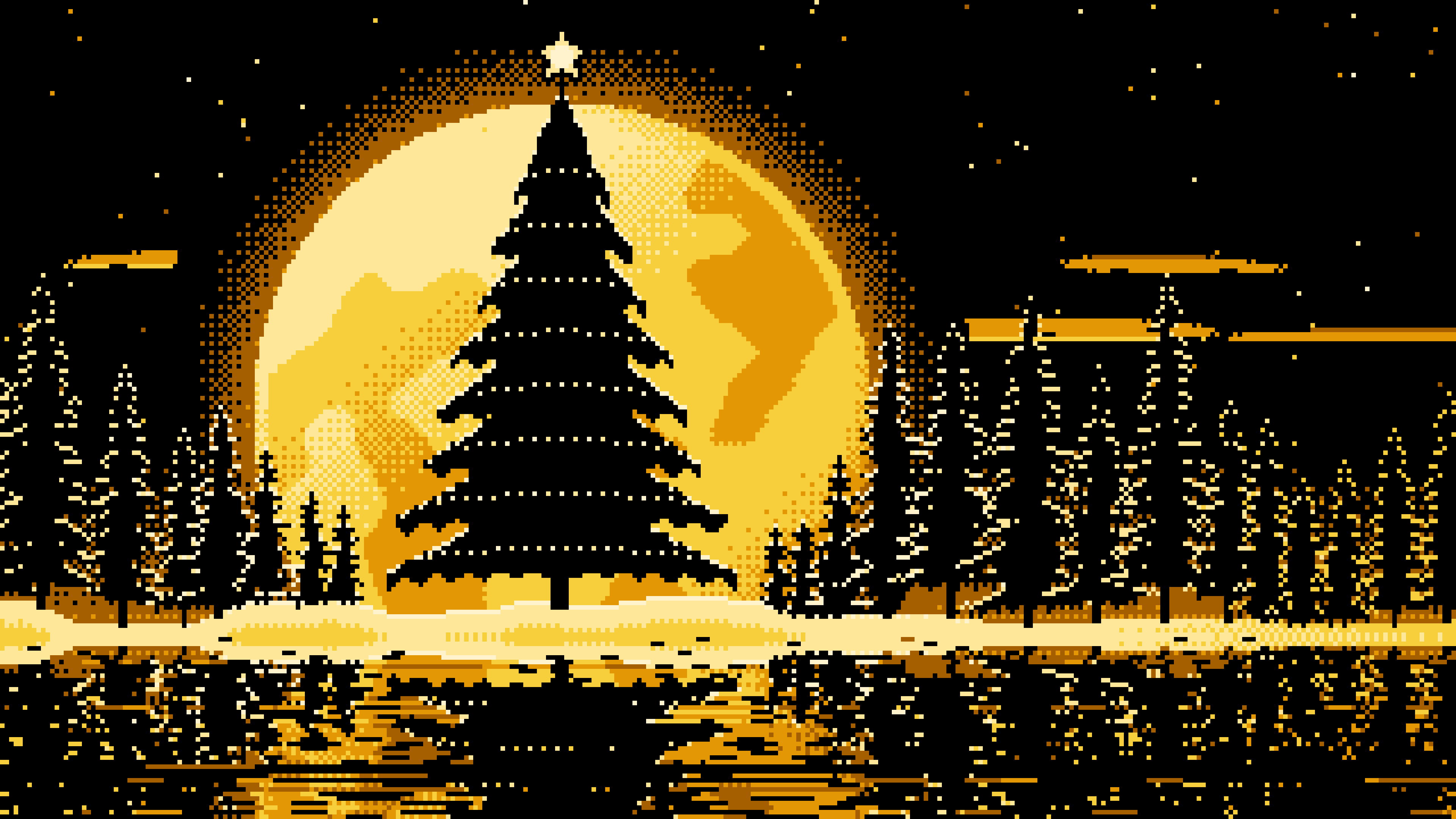 Yellow Pixel Art Christmas Tree and Full Moon desktop wallpaper in 4K