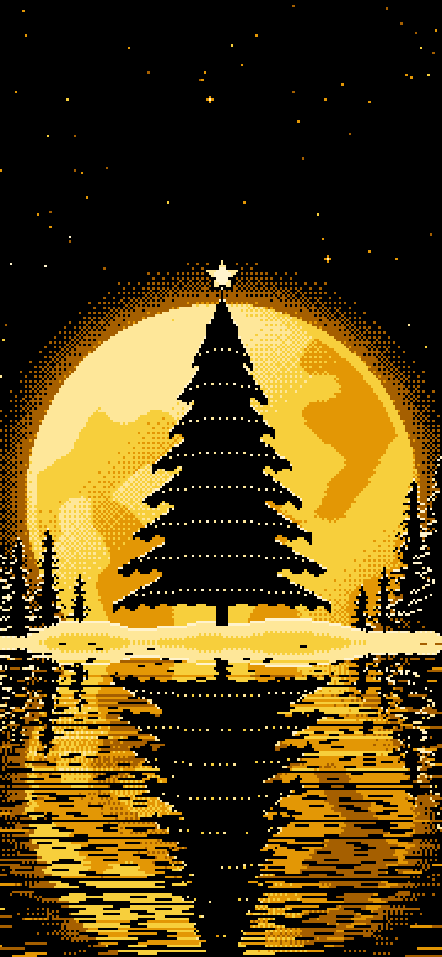 Yellow Pixel Art Christmas Tree and Full Moon wallpaper for iPhone and Android
