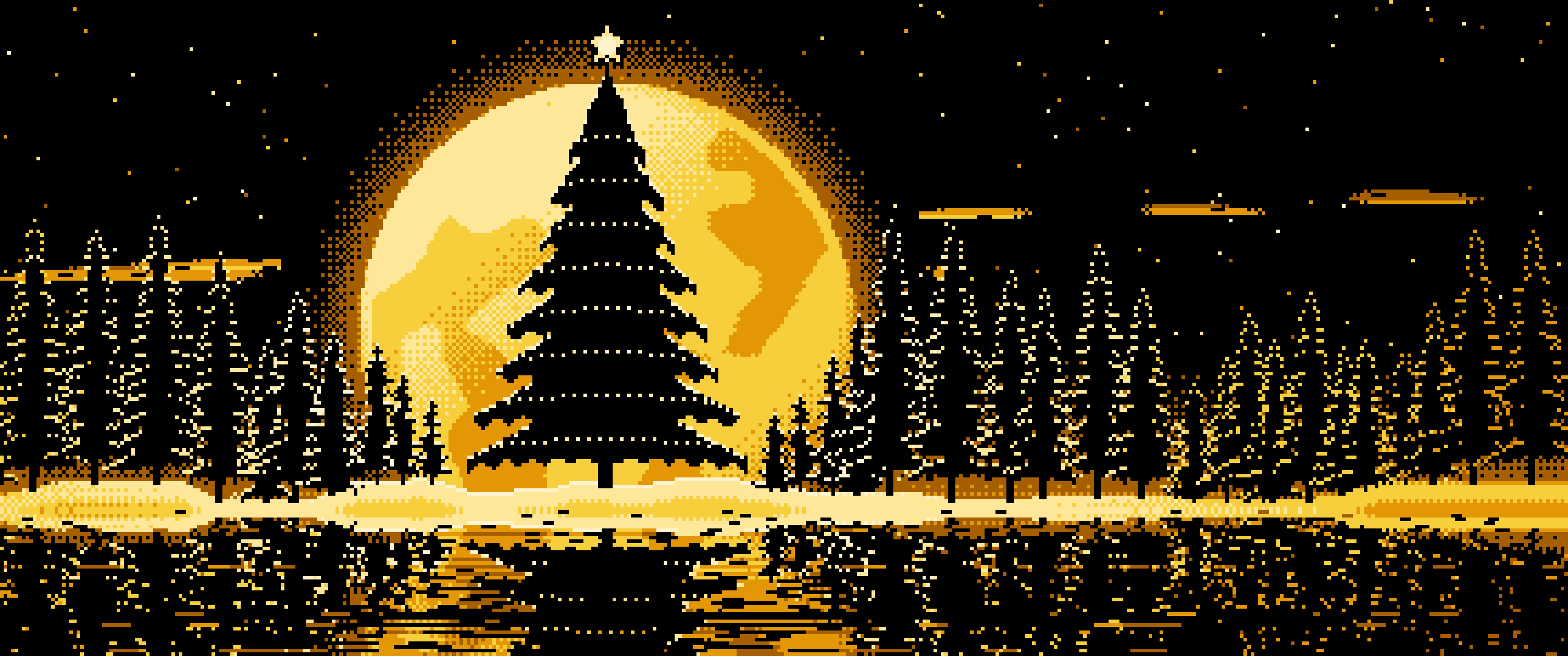 Yellow Pixel Art Christmas Tree and Full Moon ultrawide wallpaper, 3440 × 1440