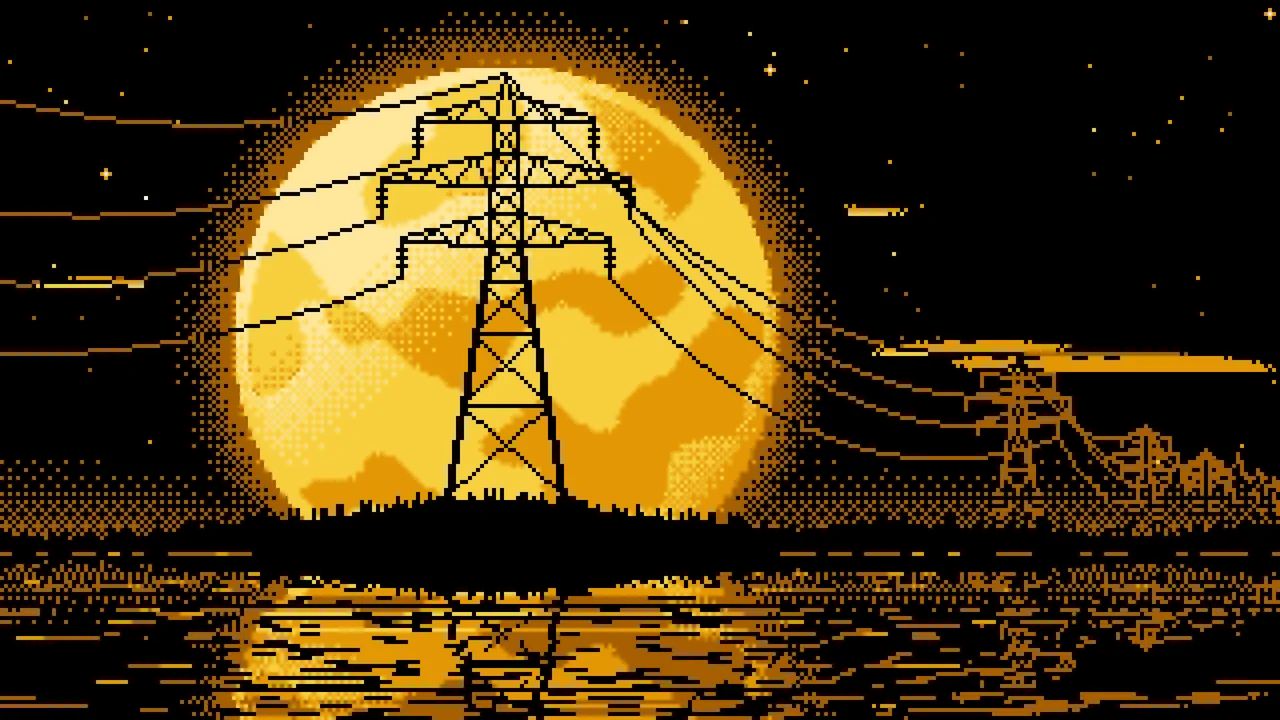 Yellow Pixel Art Electricity Pylon and Full Moon desktop wallpaper in 4K