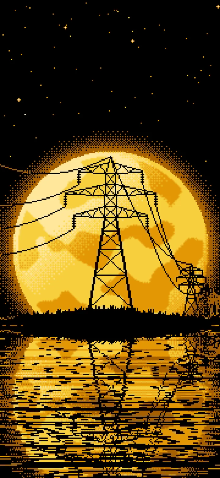 Yellow Pixel Art Electricity Pylon and Full Moon wallpaper for iPhone and Android