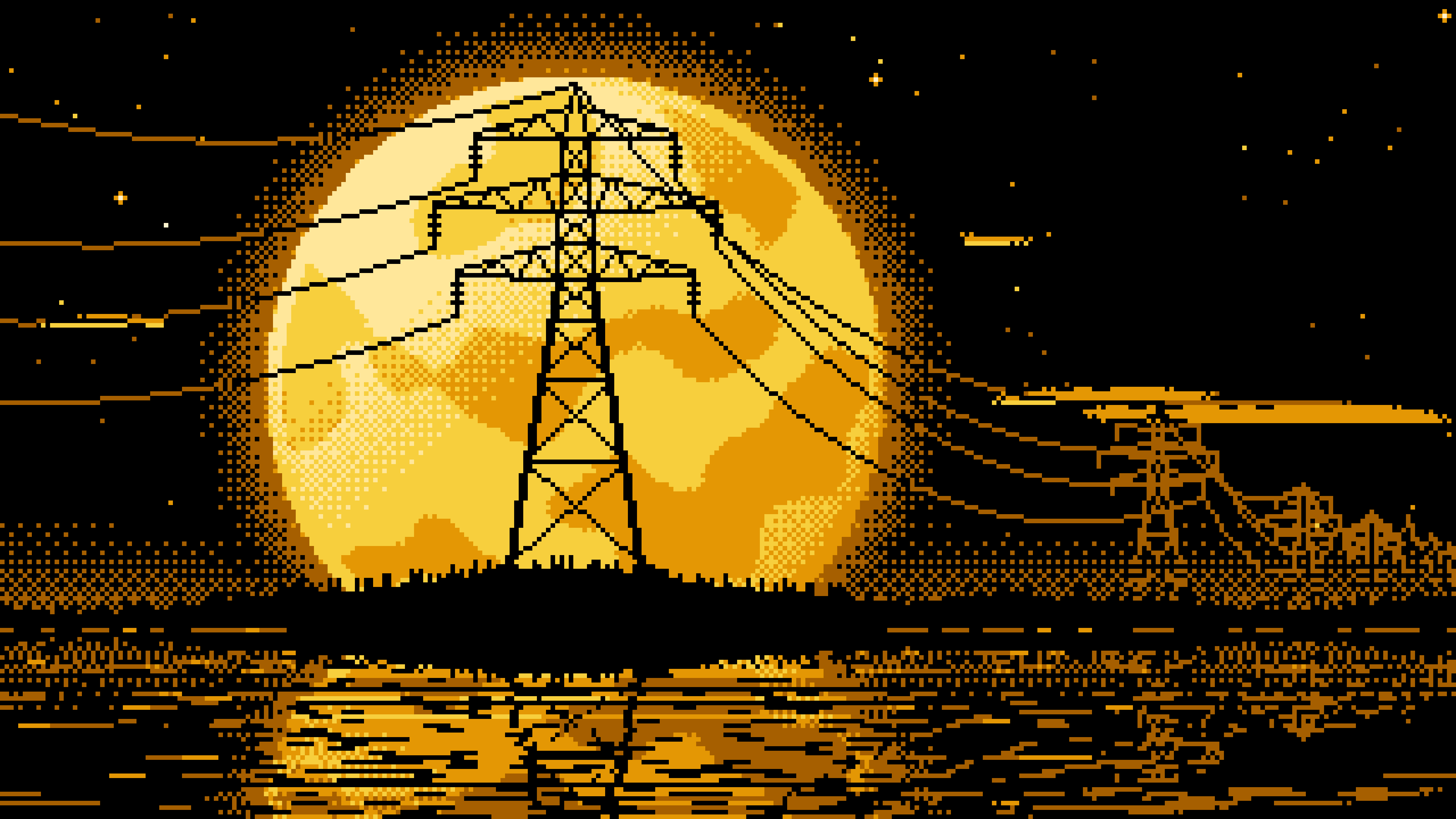 Yellow Pixel Art Electricity Pylon and Full Moon desktop wallpaper in 4K