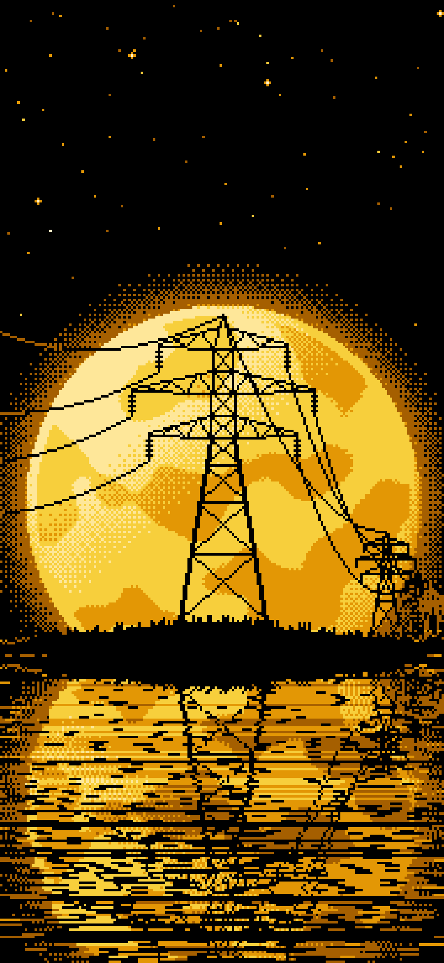 Yellow Pixel Art Electricity Pylon and Full Moon wallpaper for iPhone and Android