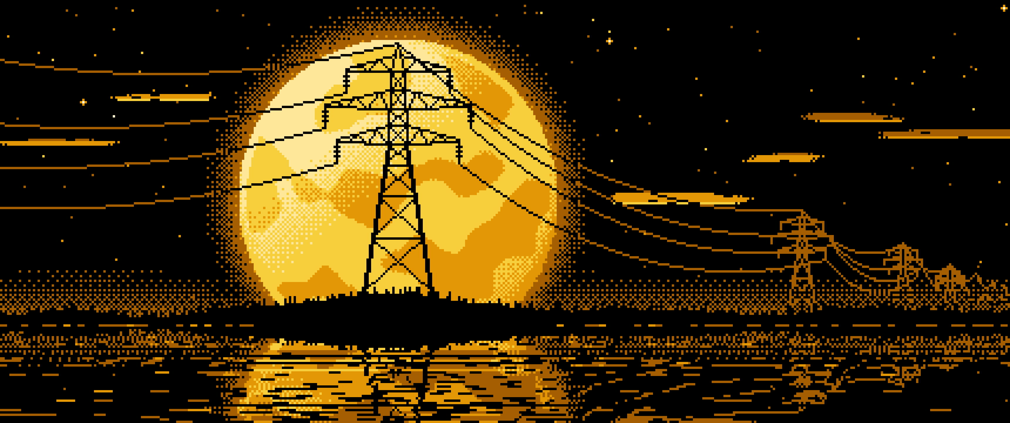 Yellow Pixel Art Electricity Pylon and Full Moon ultrawide wallpaper, 3440 × 1440