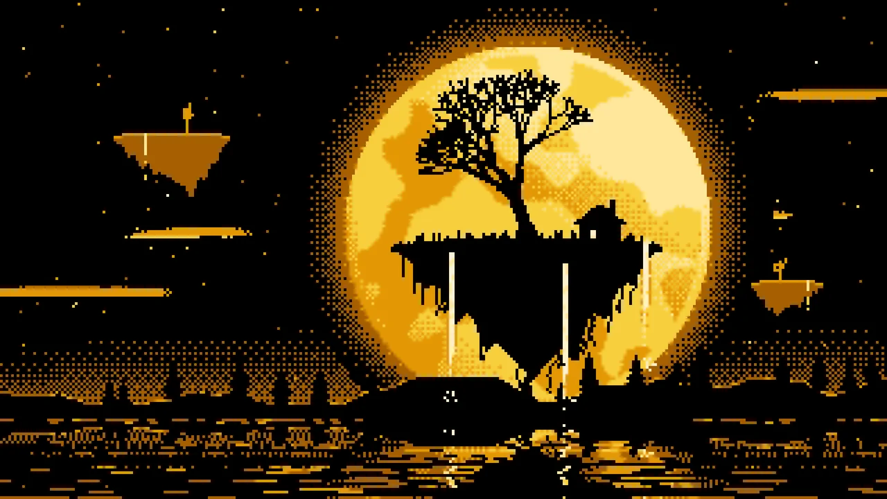 Yellow Pixel Art Fantasy Floating Island and Full Moon desktop wallpaper in 4K