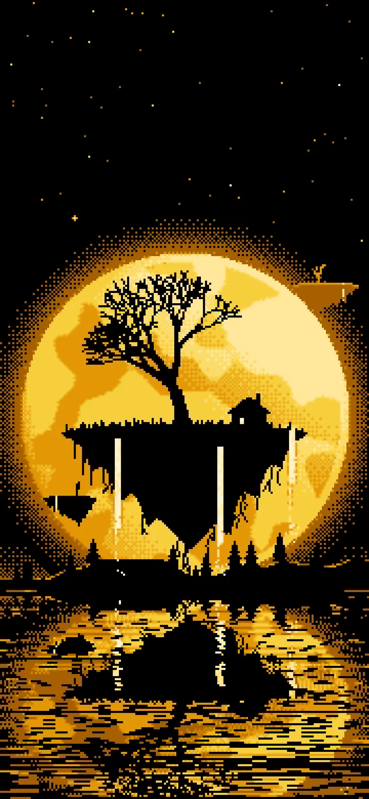 Yellow Pixel Art Fantasy Floating Island and Full Moon wallpaper for iPhone and Android