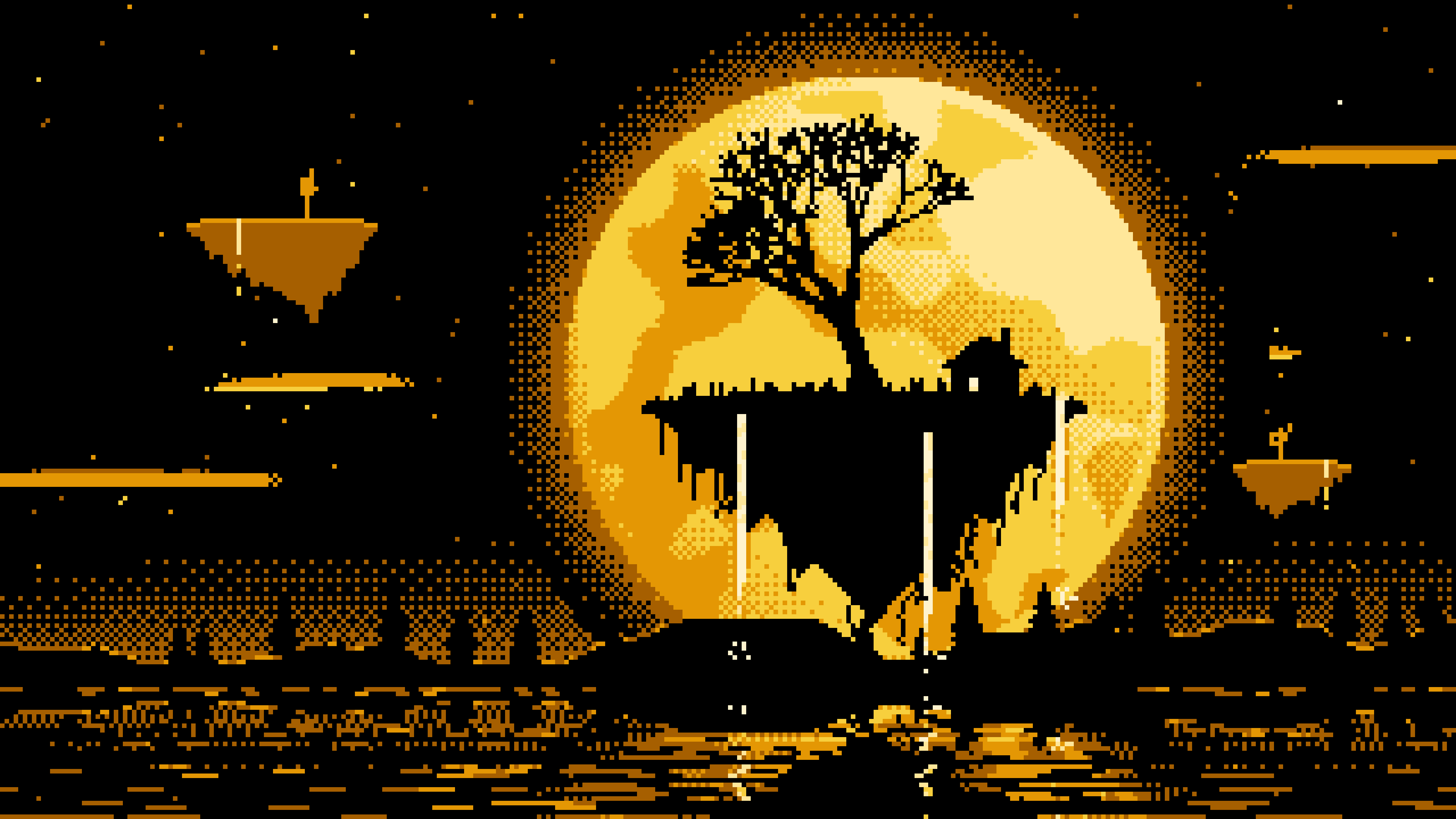 Yellow Pixel Art Fantasy Floating Island and Full Moon desktop wallpaper in 4K