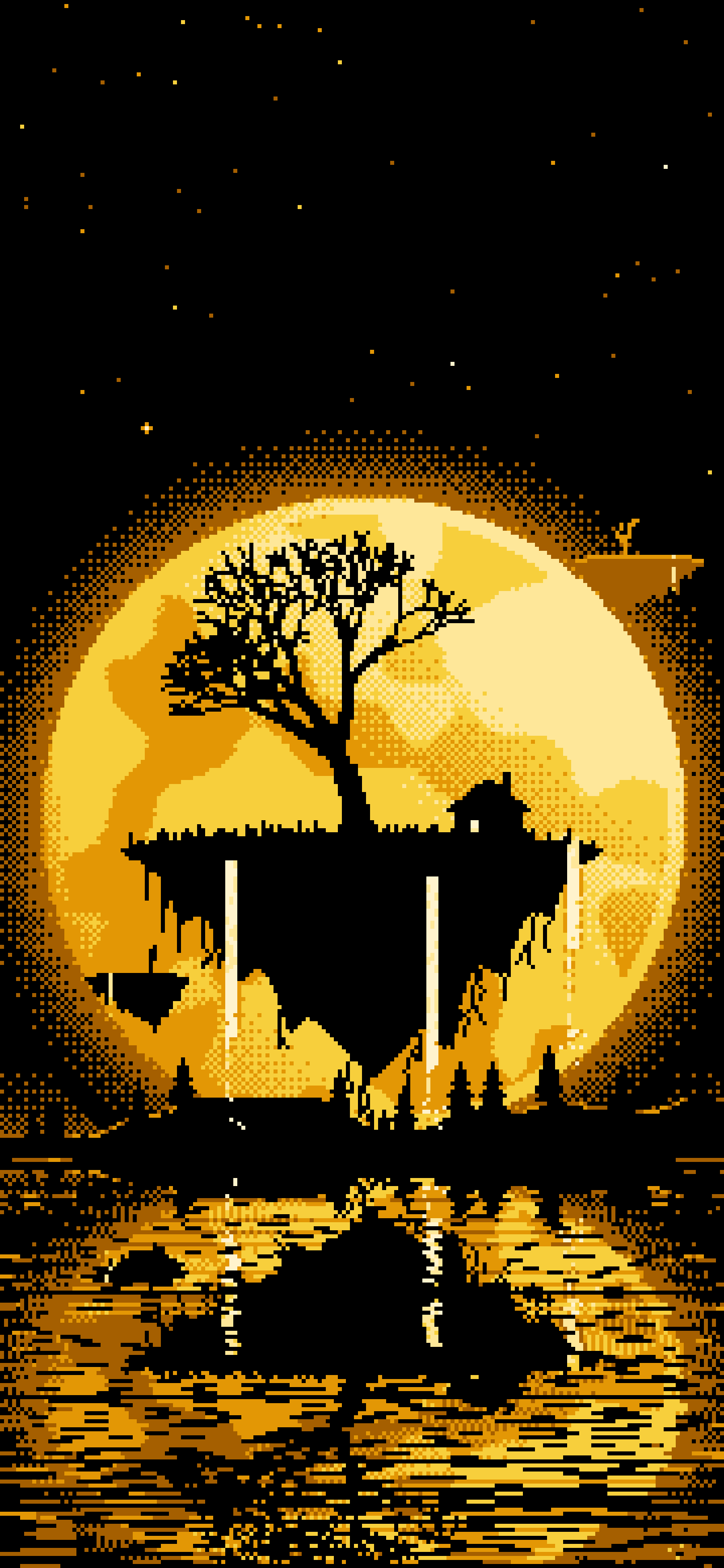 Yellow Pixel Art Fantasy Floating Island and Full Moon wallpaper for iPhone and Android