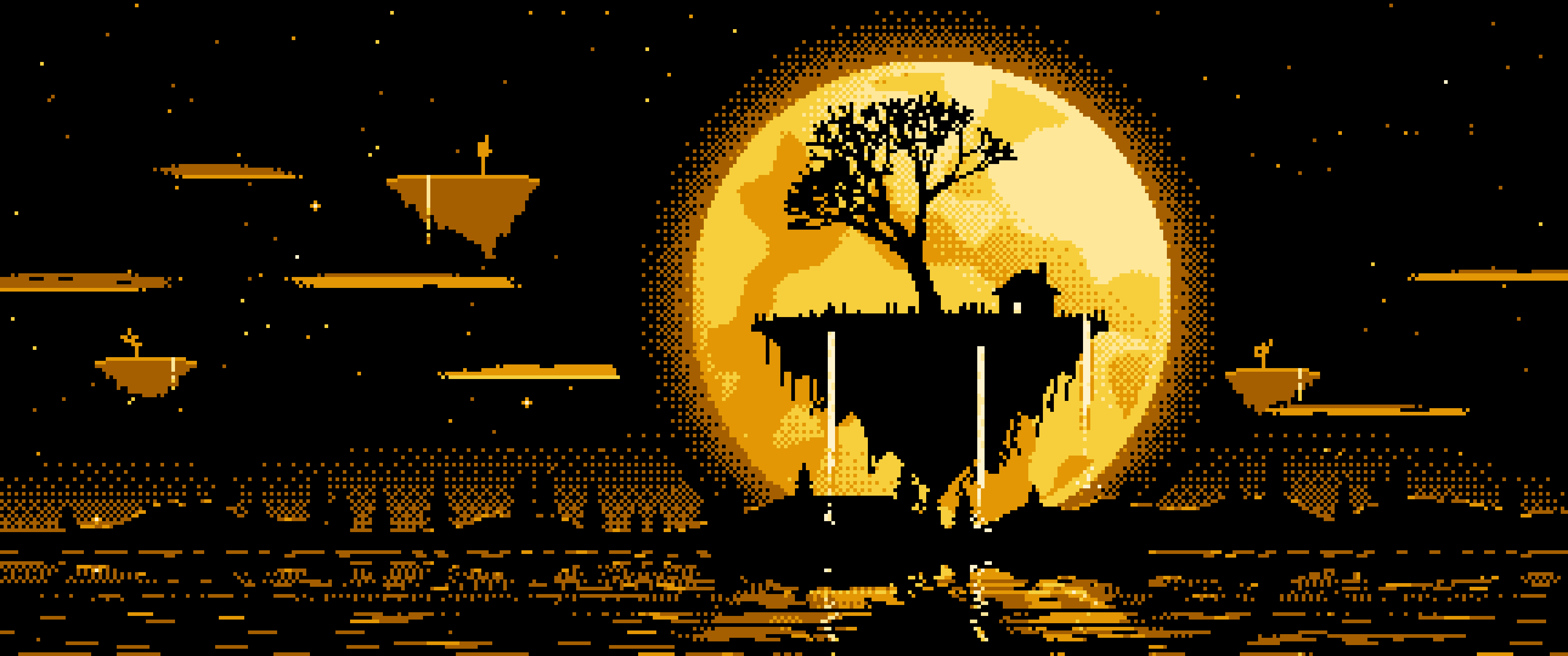 Yellow Pixel Art Fantasy Floating Island and Full Moon ultrawide wallpaper, 3440 × 1440