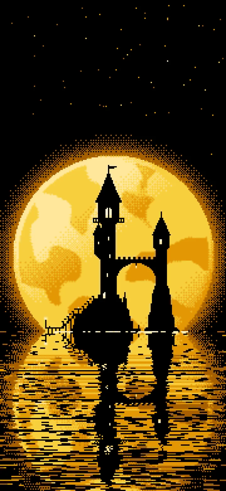 Yellow Pixel Art Fantasy Wizard Tower and Full Moon wallpaper for iPhone and Android