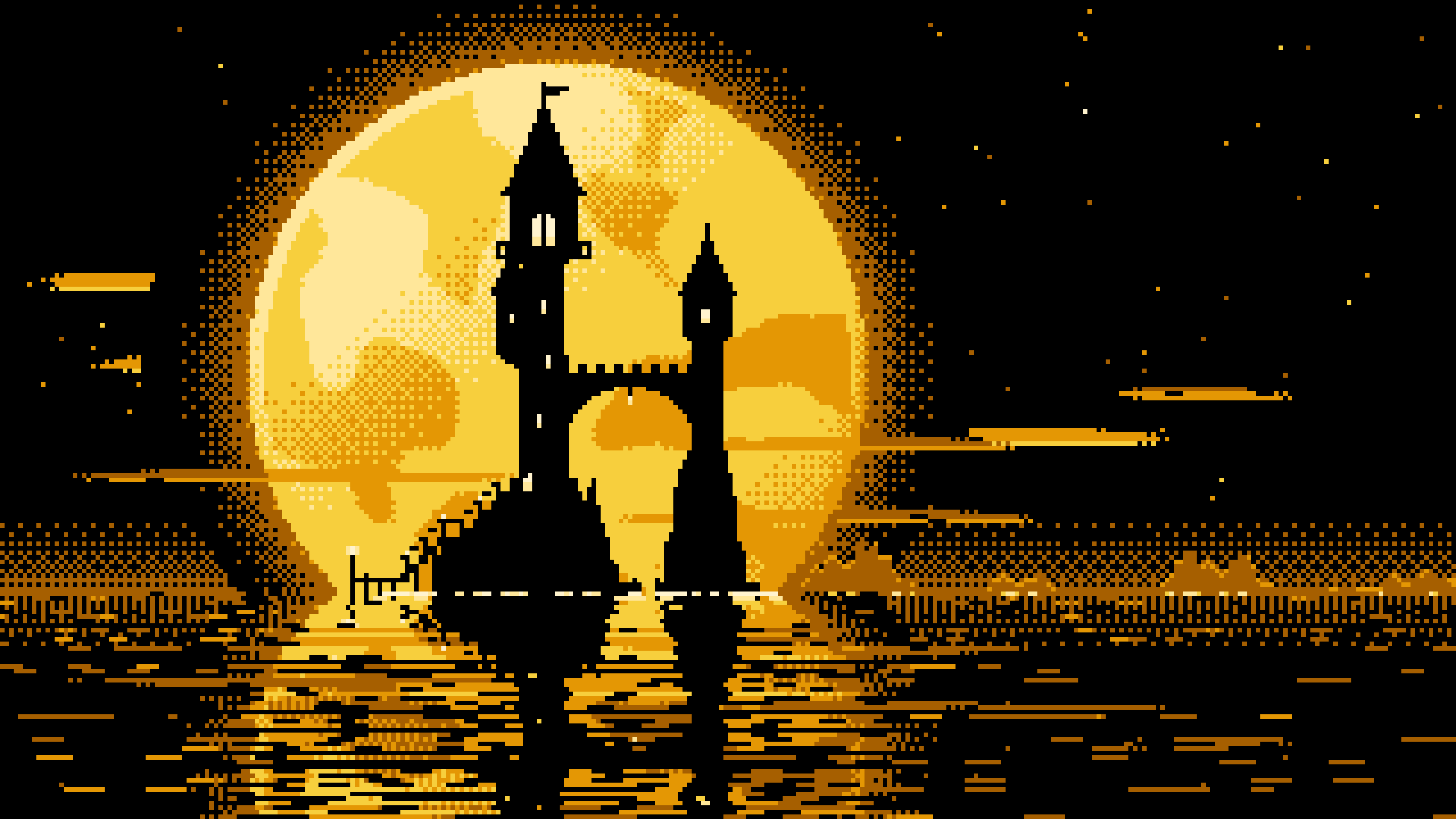 Yellow Pixel Art Fantasy Wizard Tower and Full Moon desktop wallpaper in 4K