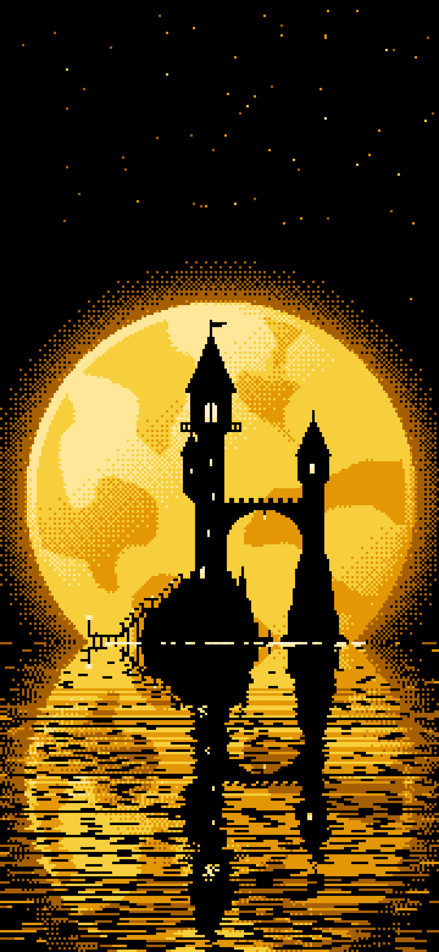 Yellow Pixel Art Fantasy Wizard Tower and Full Moon wallpaper for iPhone and Android