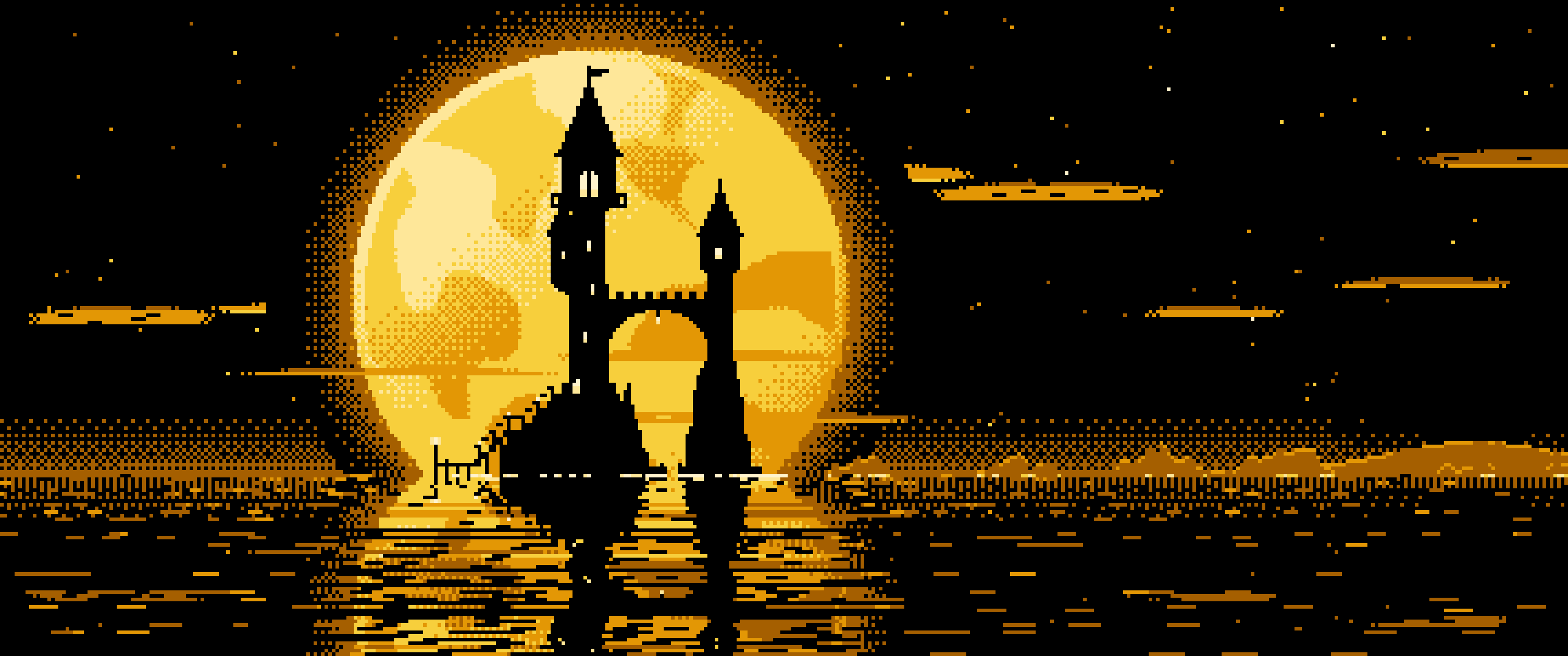 Yellow Pixel Art Fantasy Wizard Tower and Full Moon ultrawide wallpaper, 3440 × 1440