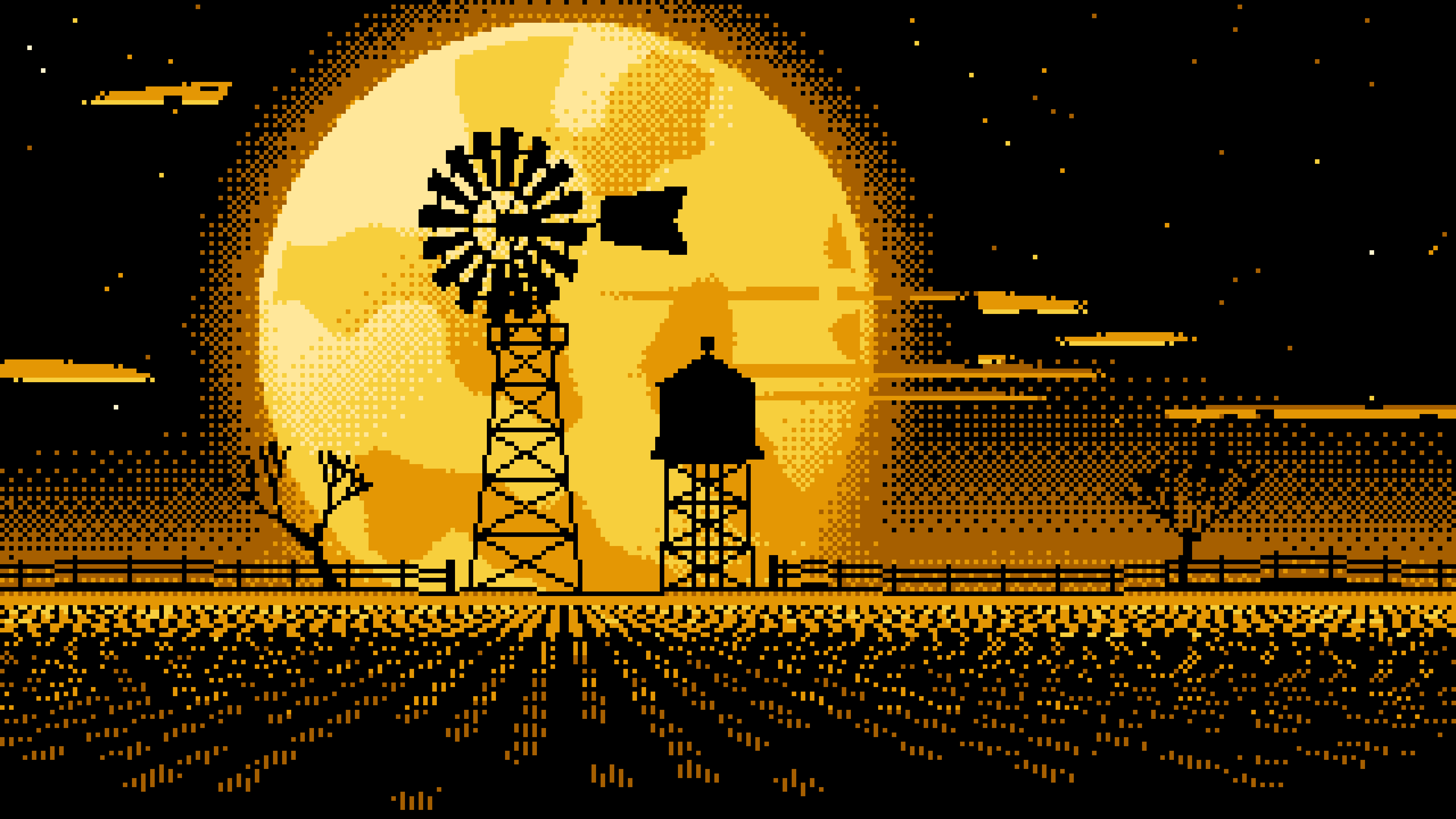 Yellow Pixel Art Farm Windmill and Harvest Moon desktop wallpaper in 4K