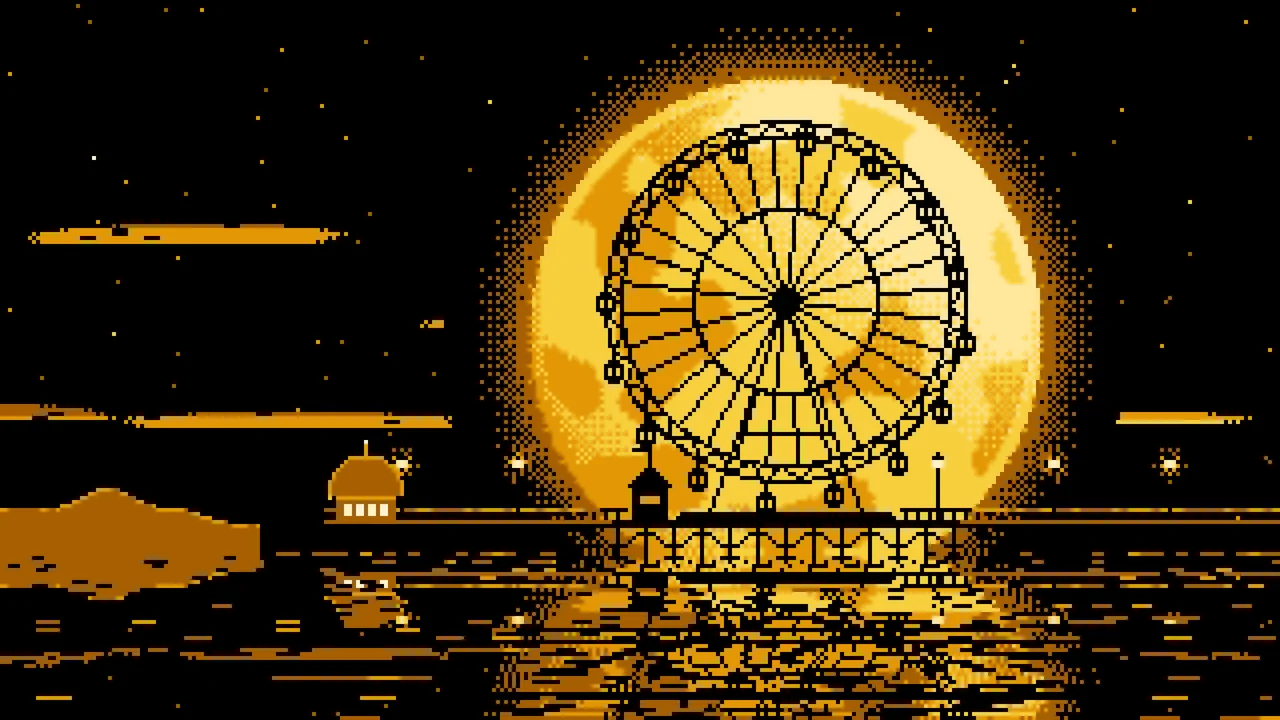 Yellow Pixel Art Ferris Wheel and Full Moon desktop wallpaper in 4K