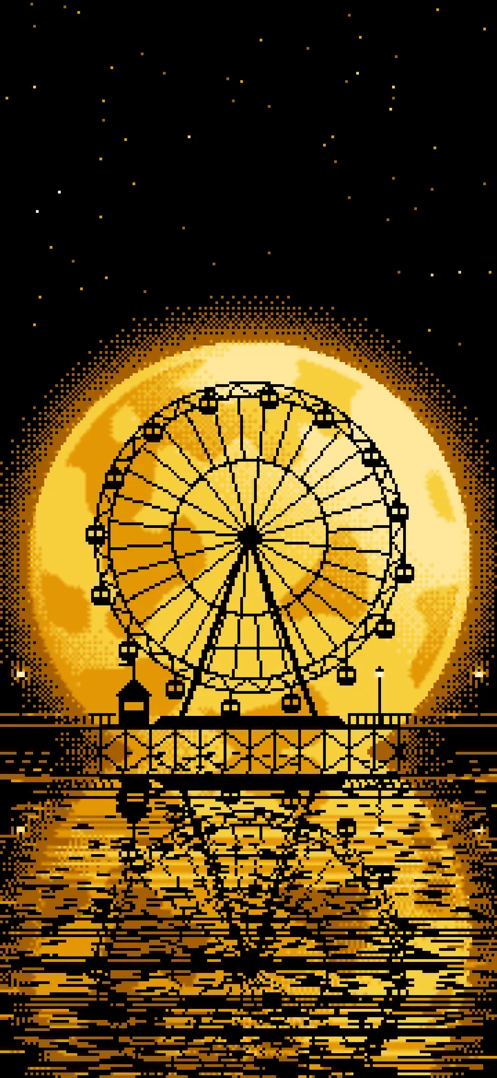 Yellow Pixel Art Ferris Wheel and Full Moon wallpaper for iPhone and Android