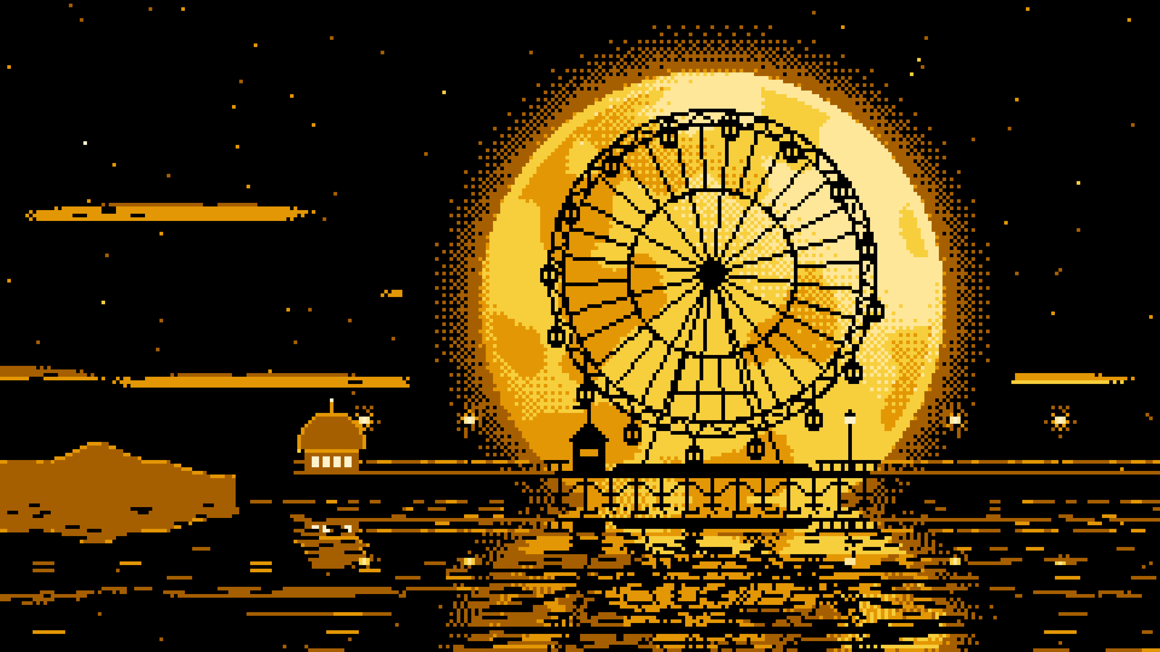 Yellow Pixel Art Ferris Wheel and Full Moon desktop wallpaper in 4K