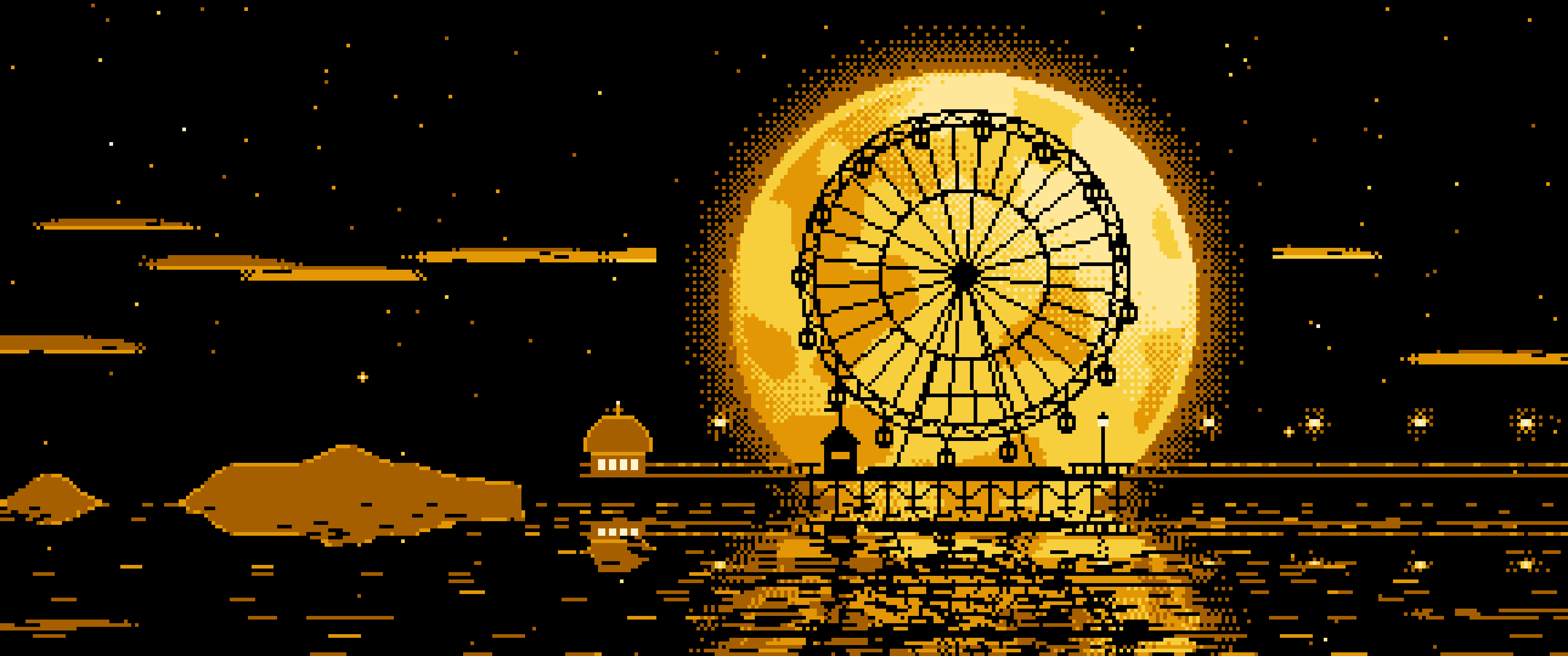 Yellow Pixel Art Ferris Wheel and Full Moon ultrawide wallpaper, 3440 × 1440