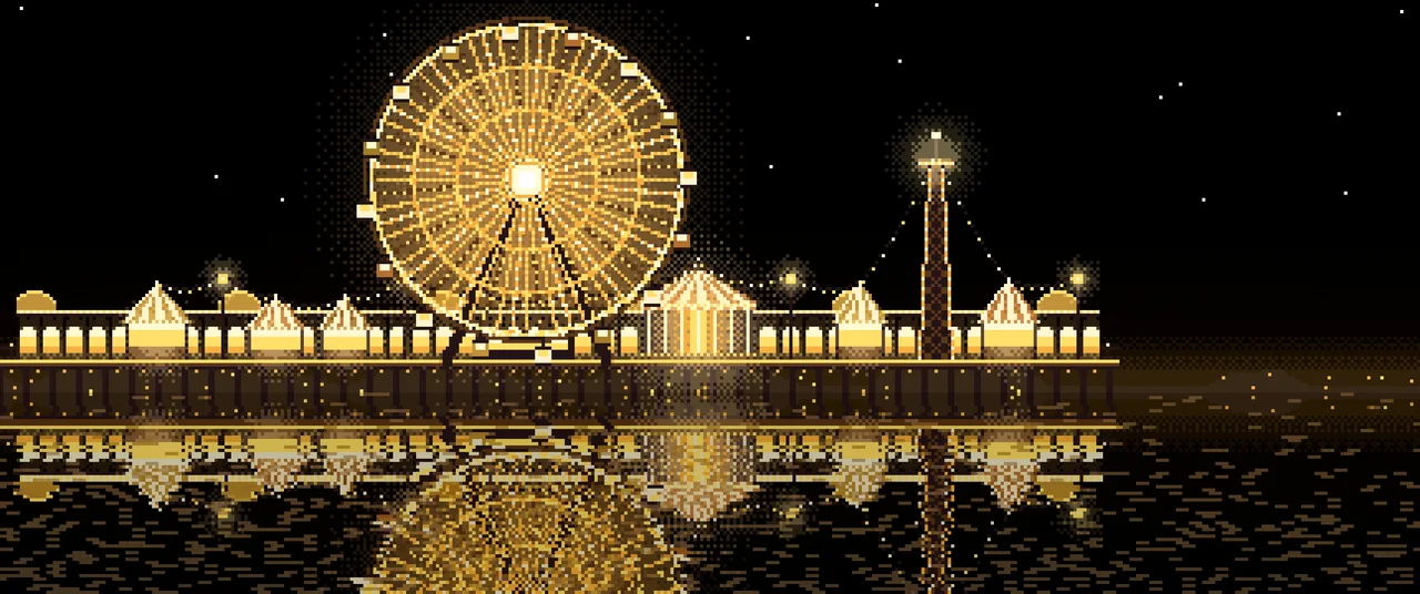 Yellow Pixel Art Ferris Wheel Lights at Night ultrawide wallpaper, 3440 × 1440