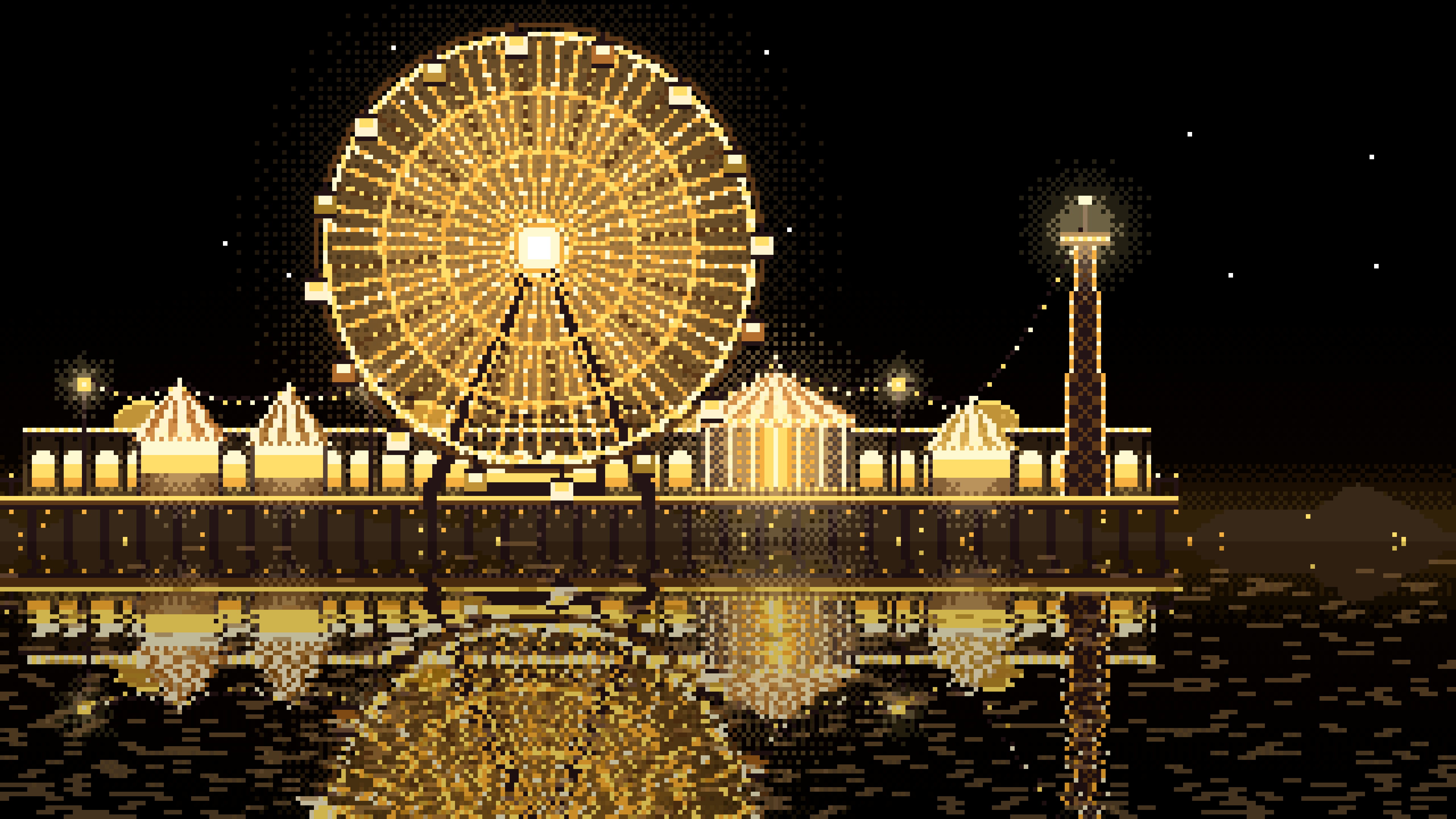 Yellow Pixel Art Ferris Wheel Lights at Night desktop wallpaper in 4K