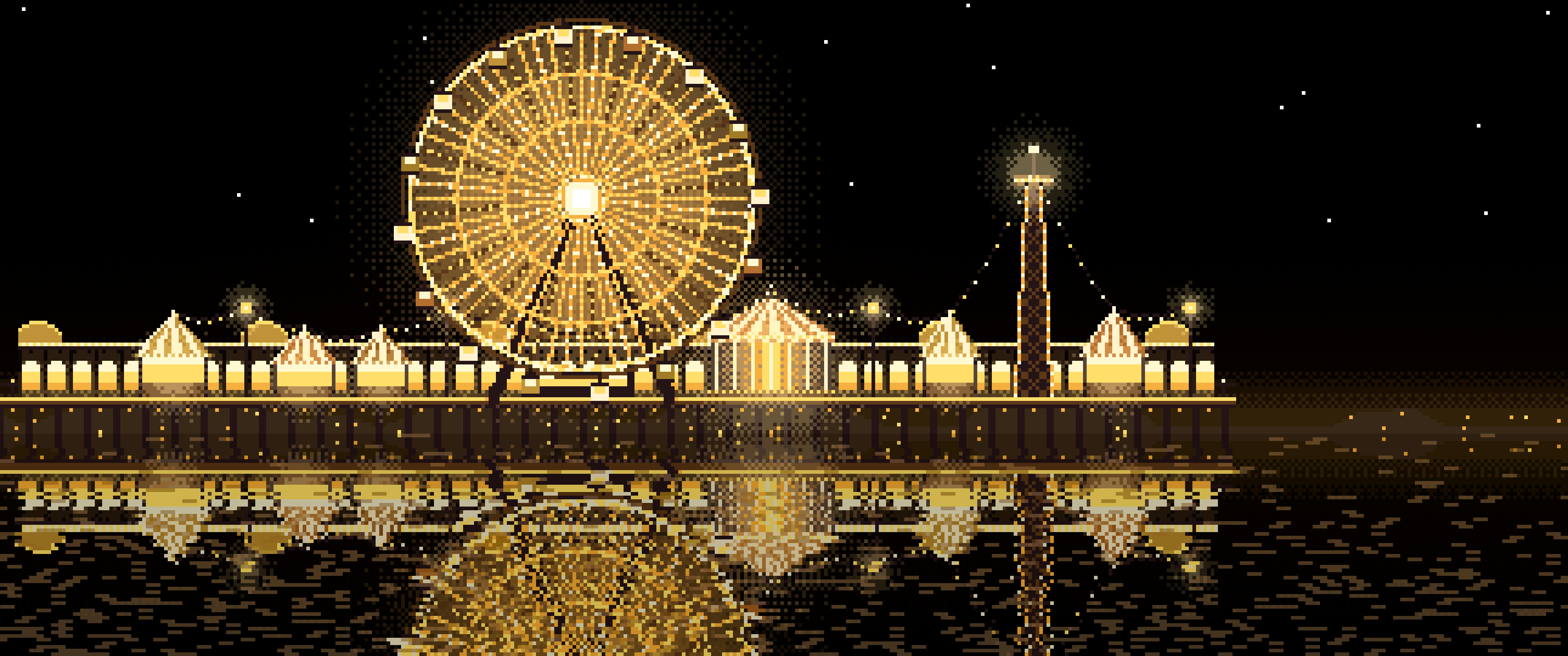 Yellow Pixel Art Ferris Wheel Lights at Night ultrawide wallpaper, 3440 × 1440