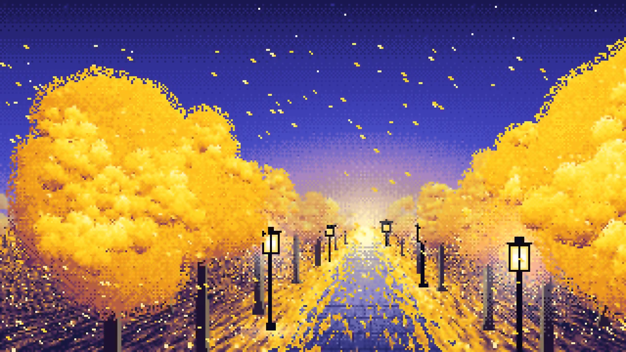 Yellow Pixel Art Ginkgo Tree Avenue in Fall desktop wallpaper in 4K