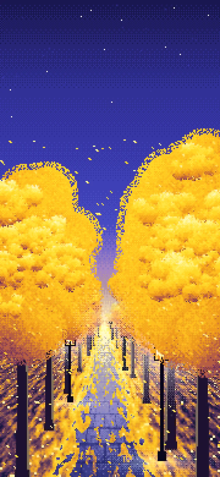 Yellow Pixel Art Ginkgo Tree Avenue in Fall wallpaper for iPhone and Android