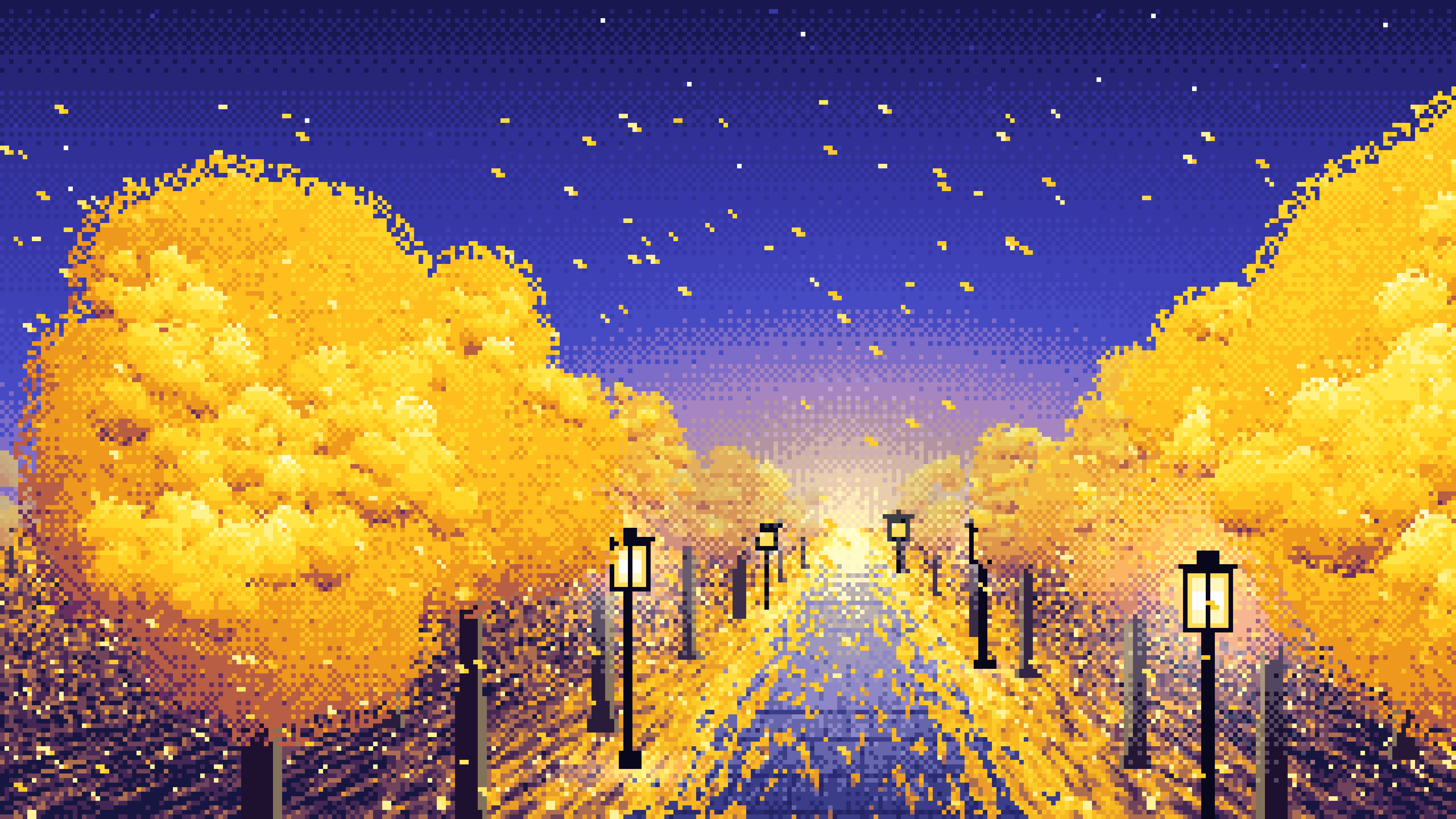 Yellow Pixel Art Ginkgo Tree Avenue in Fall desktop wallpaper in 4K