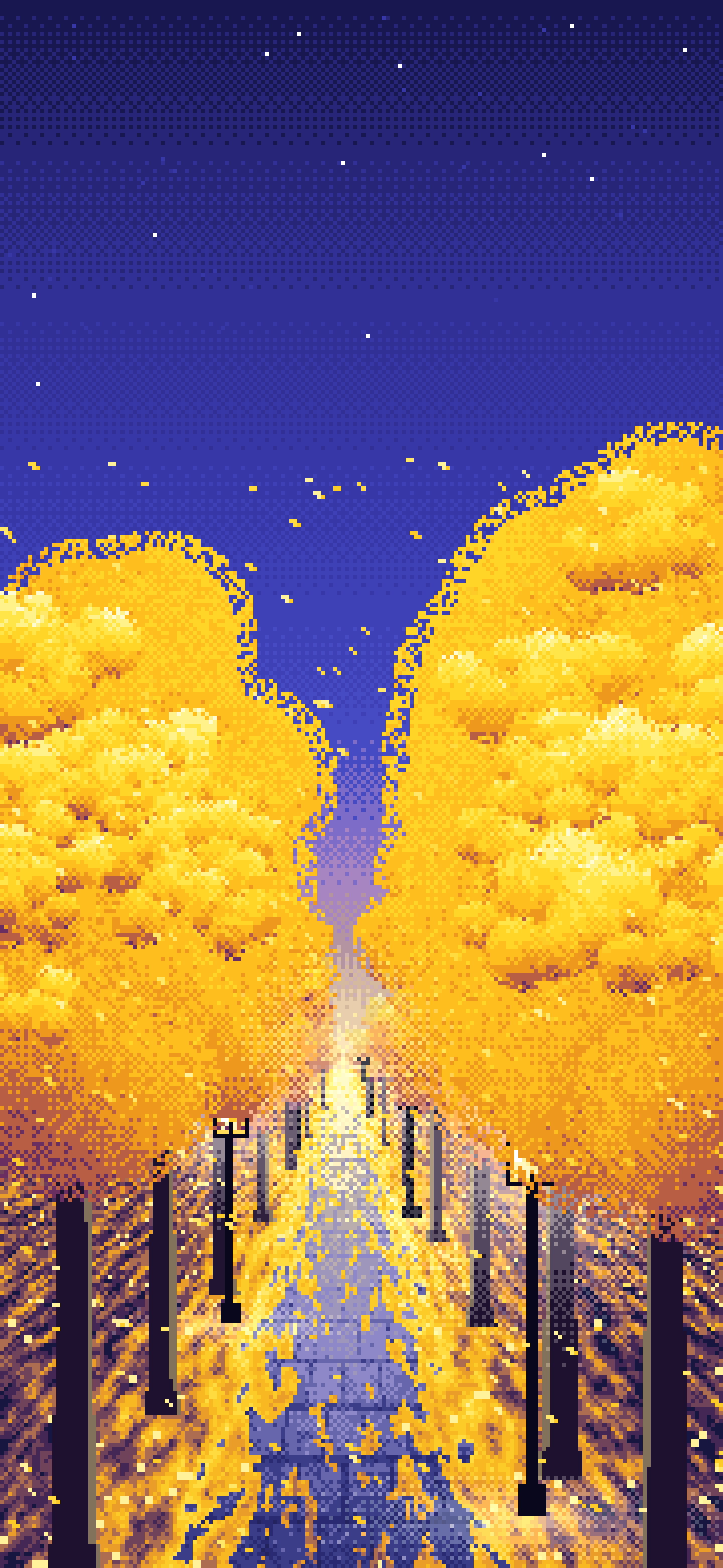 Yellow Pixel Art Ginkgo Tree Avenue in Fall wallpaper for iPhone and Android