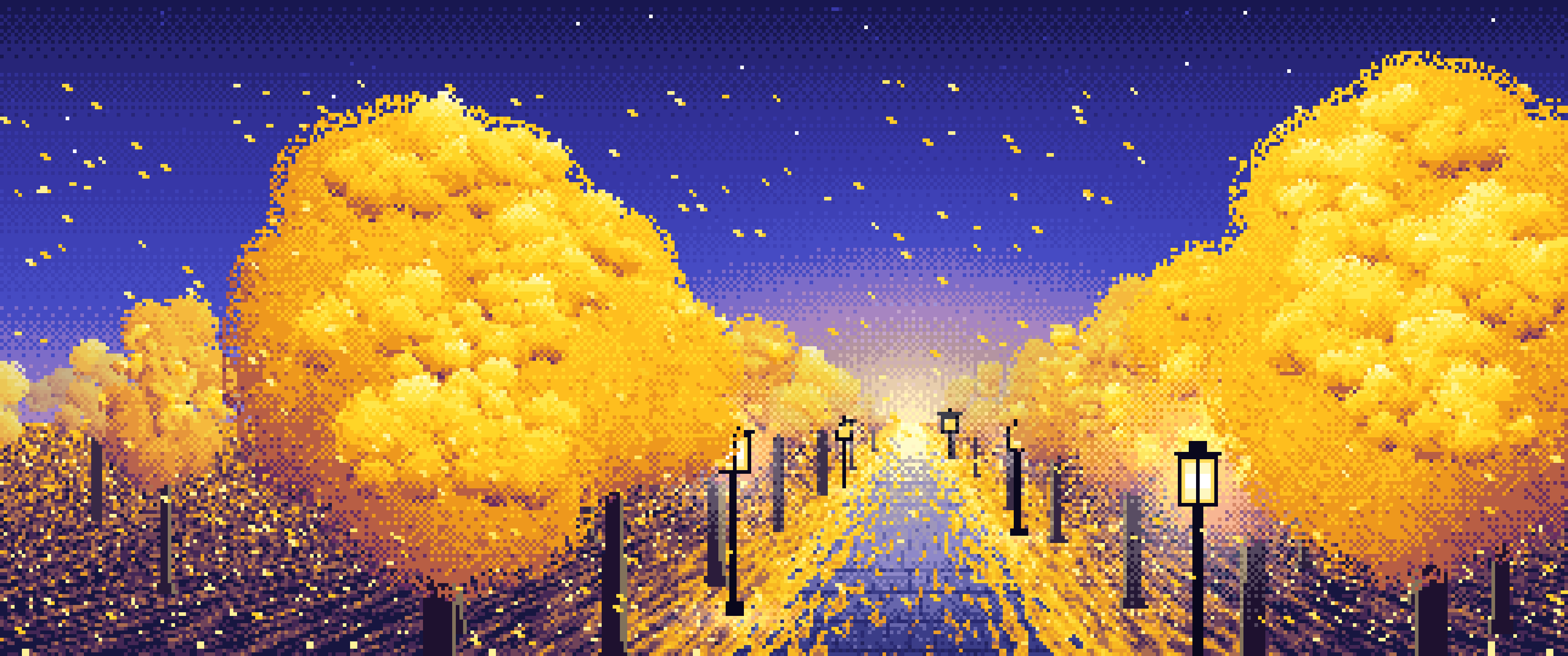 Yellow Pixel Art Ginkgo Tree Avenue in Fall ultrawide wallpaper, 3440 × 1440