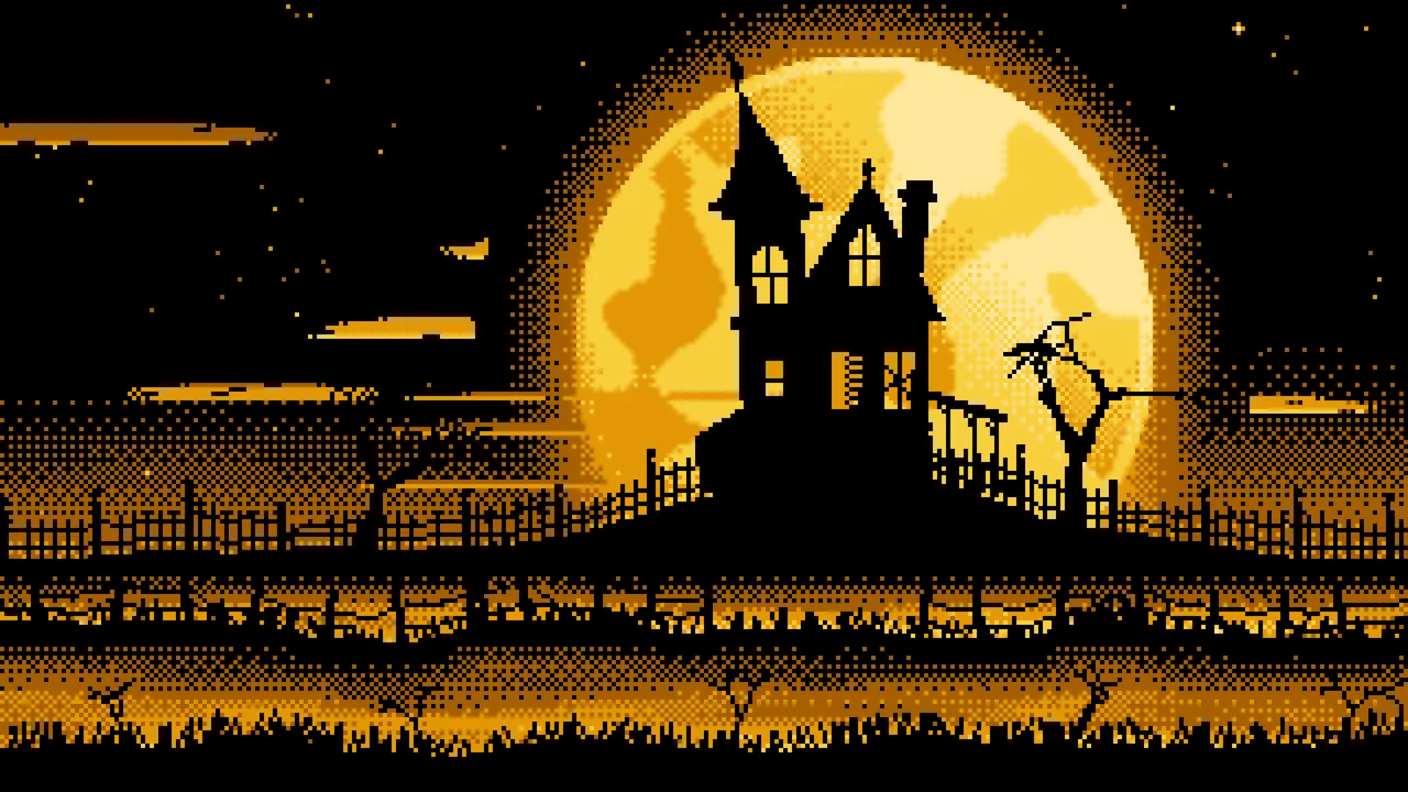 Yellow Pixel Art Haunted House and Full Moon desktop wallpaper in 4K