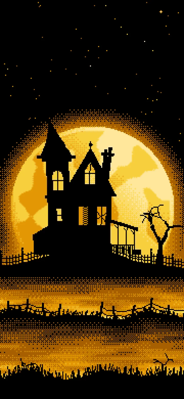 Yellow Pixel Art Haunted House and Full Moon wallpaper for iPhone and Android