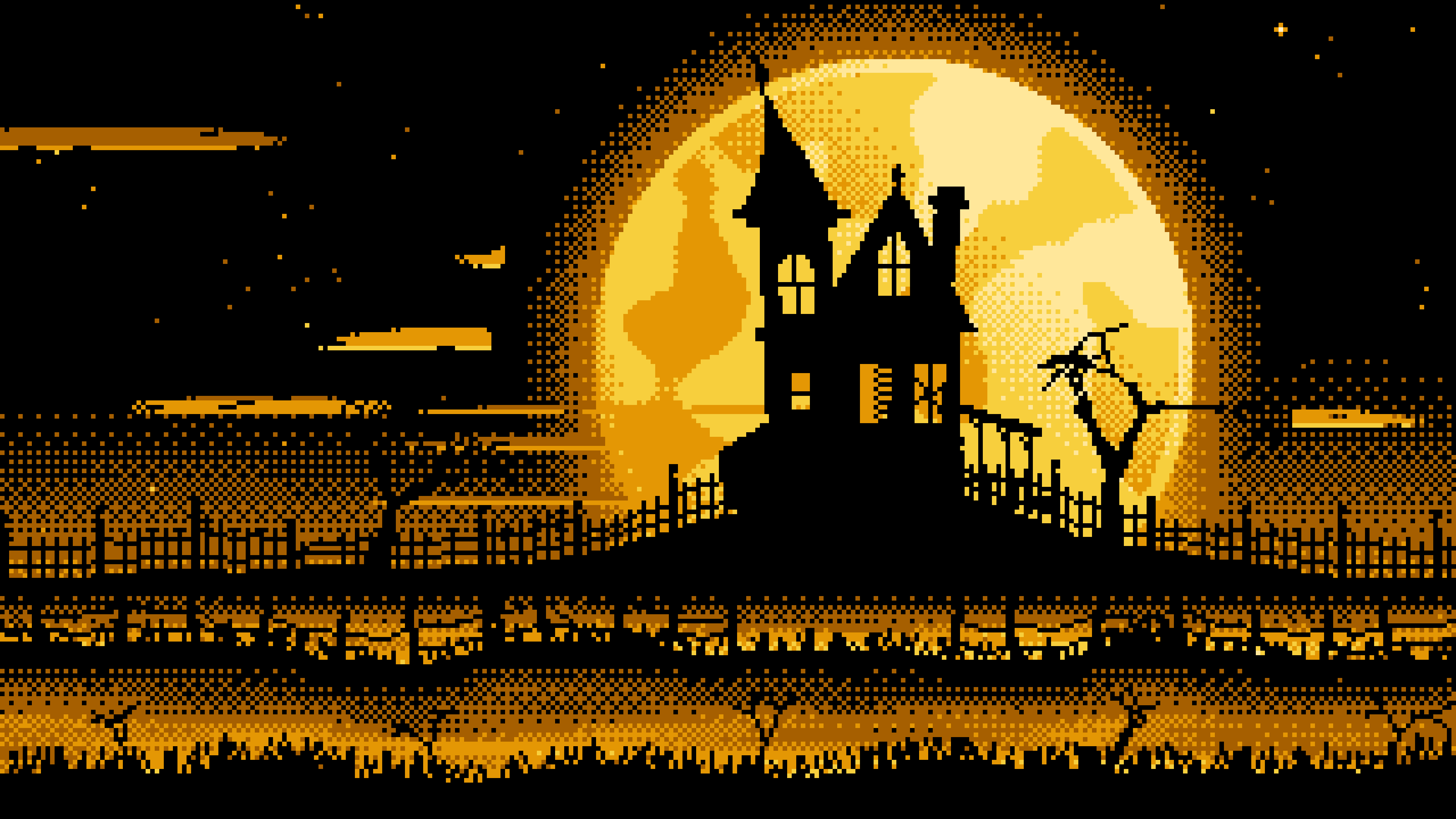 Yellow Pixel Art Haunted House and Full Moon desktop wallpaper in 4K