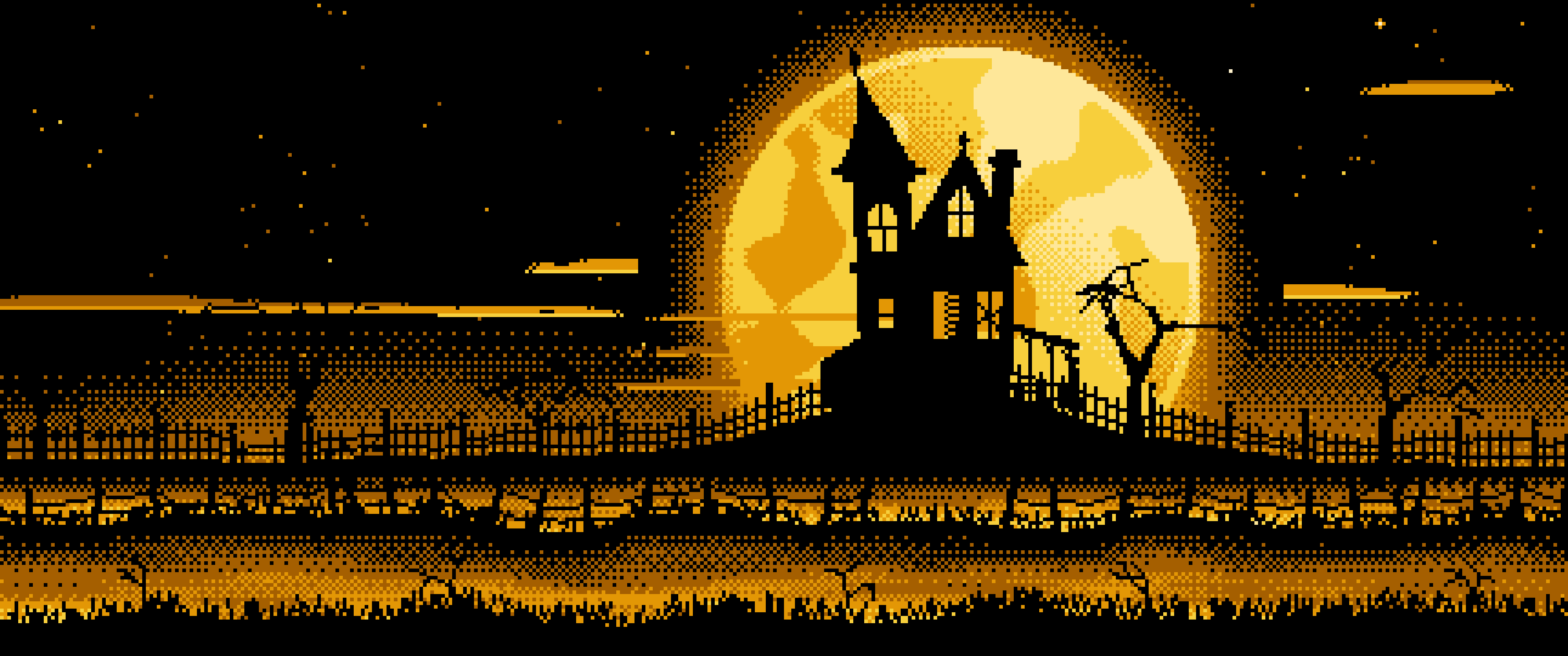 Yellow Pixel Art Haunted House and Full Moon ultrawide wallpaper, 3440 × 1440