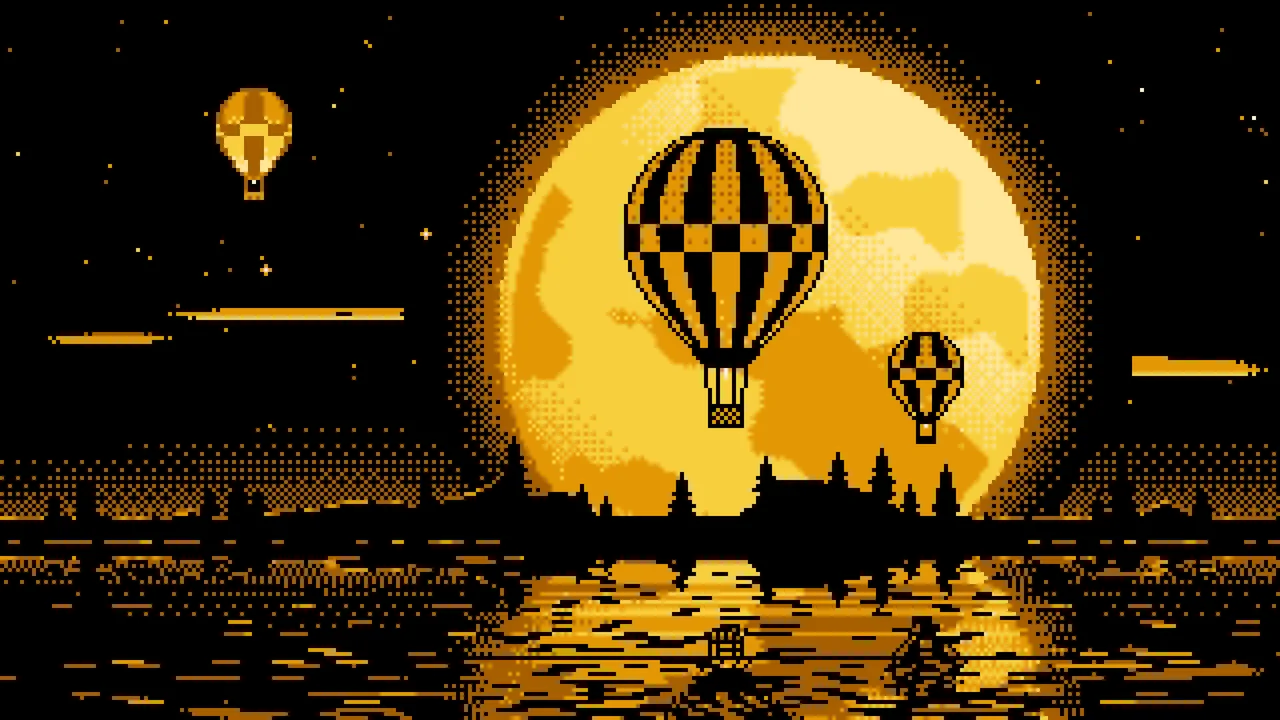 Yellow Pixel Art Hot Air Balloons and Full Moon desktop wallpaper in 4K