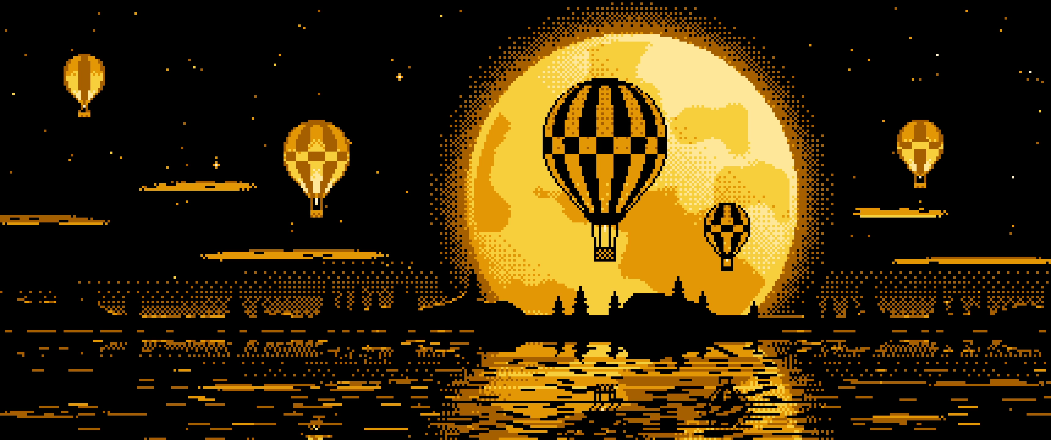 Yellow Pixel Art Hot Air Balloons and Full Moon ultrawide wallpaper, 3440 × 1440