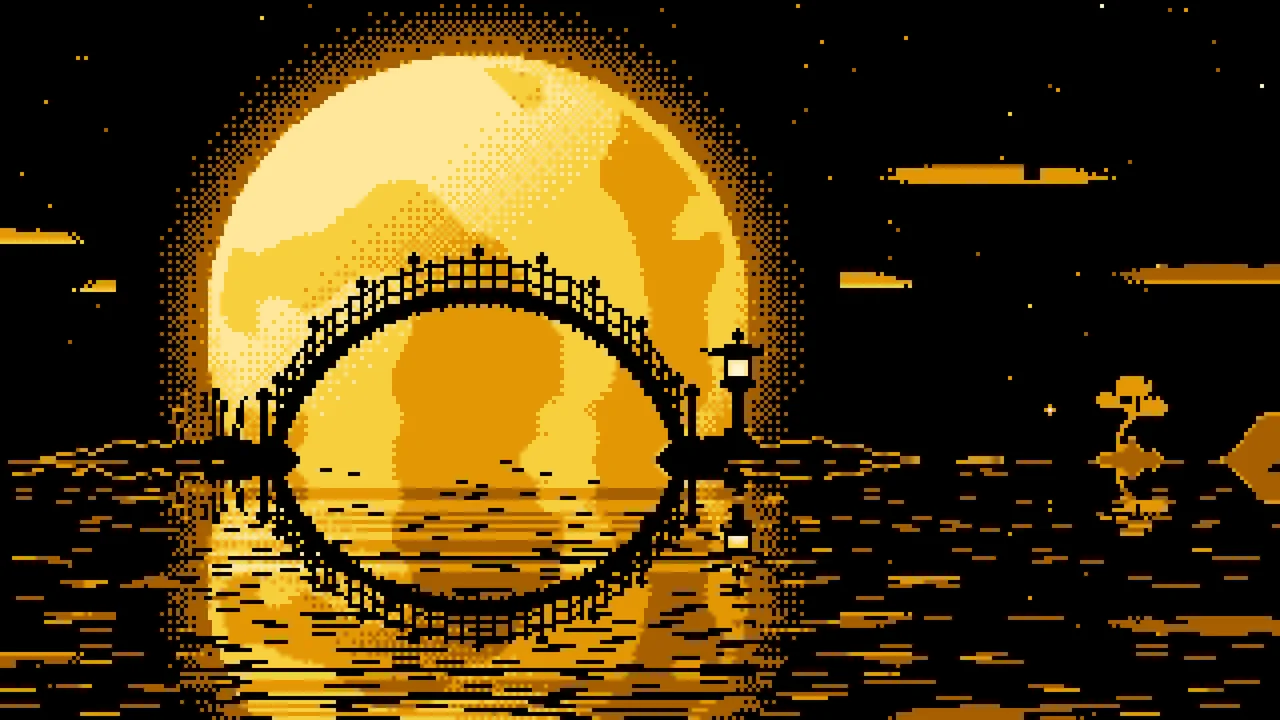 Yellow Pixel Art Japanese Bridge and Full Moon desktop wallpaper in 4K