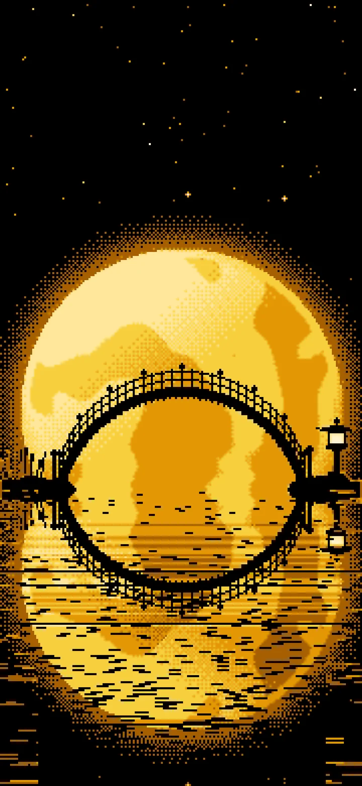 Yellow Pixel Art Japanese Bridge and Full Moon wallpaper for iPhone and Android