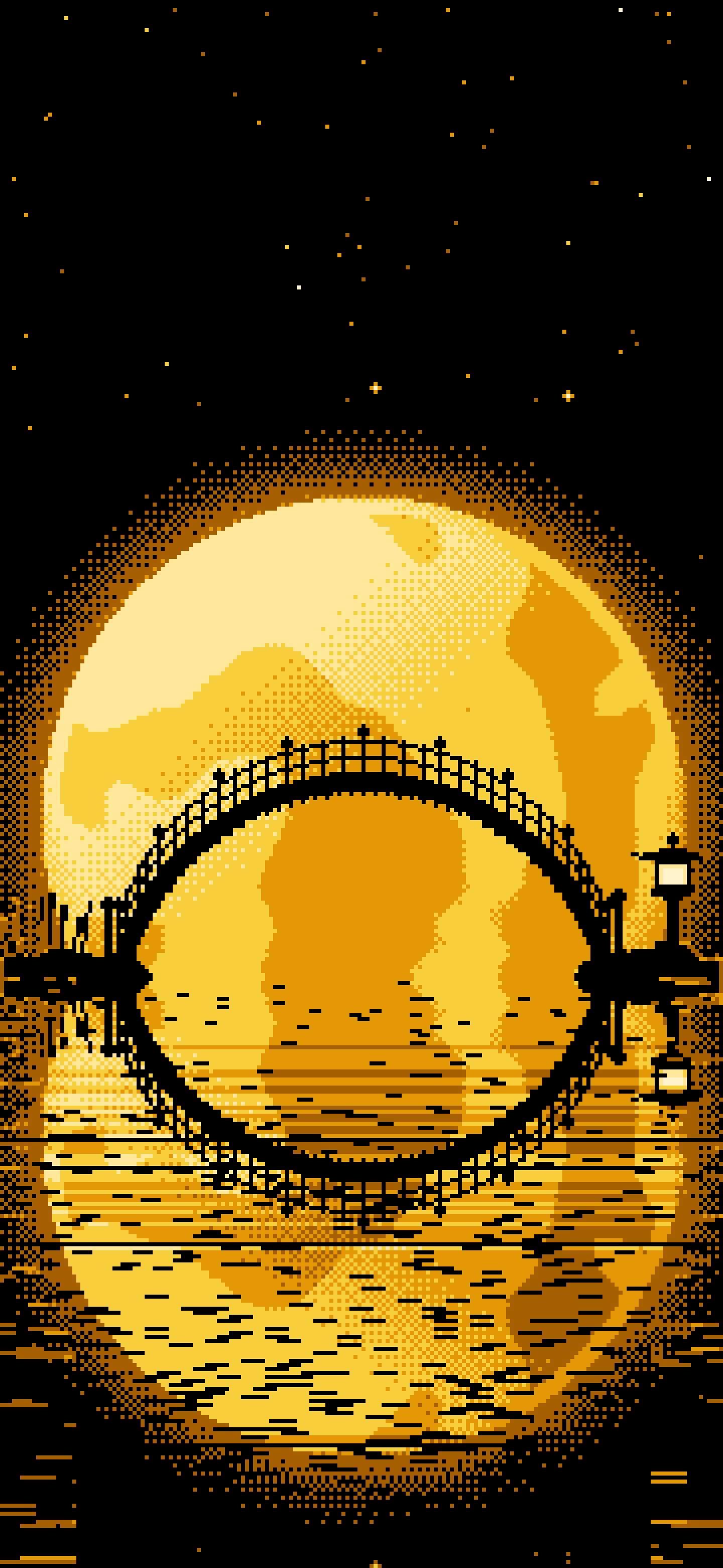 Yellow Pixel Art Japanese Bridge and Full Moon wallpaper for iPhone and Android