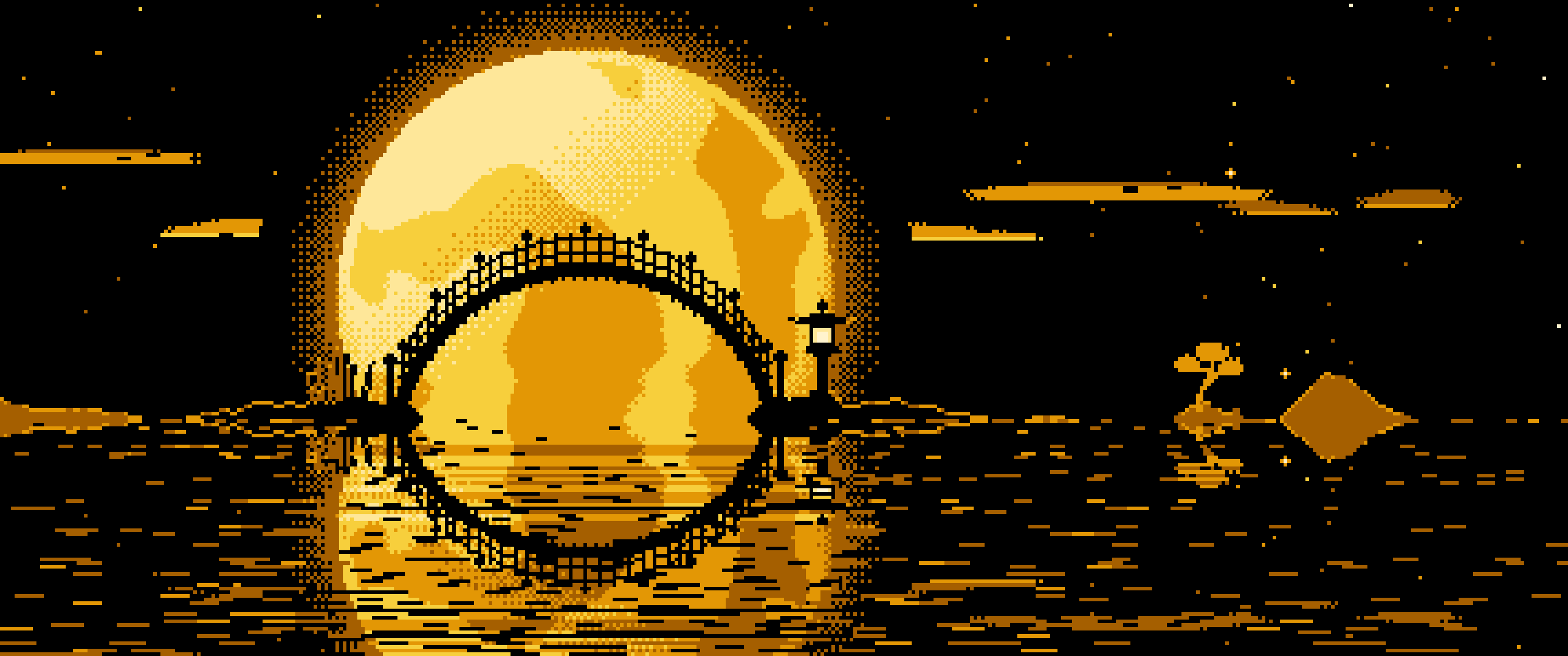 Yellow Pixel Art Japanese Bridge and Full Moon ultrawide wallpaper, 3440 × 1440