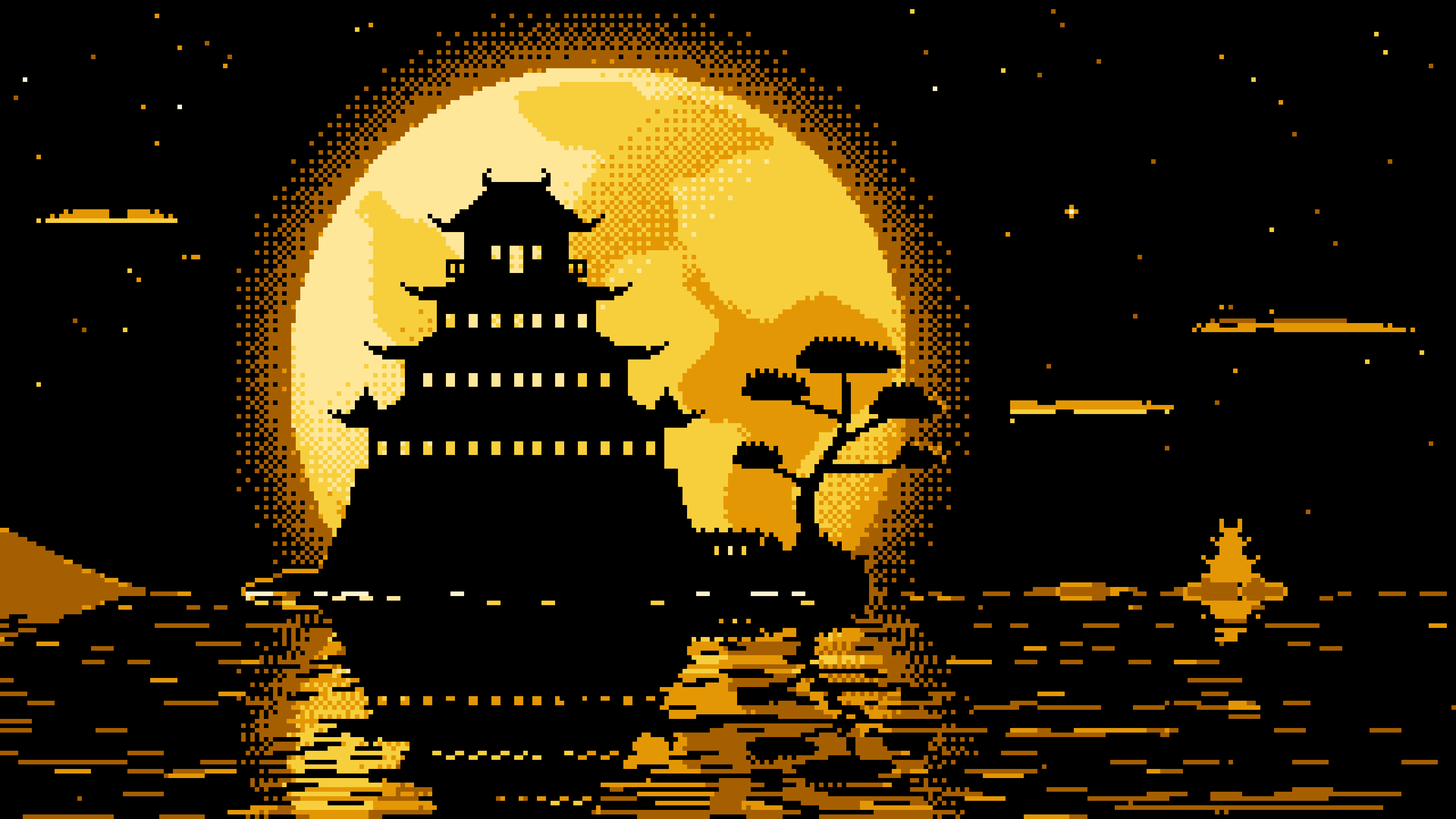 Yellow Pixel Art Japanese Castle and Full Moon desktop wallpaper in 4K
