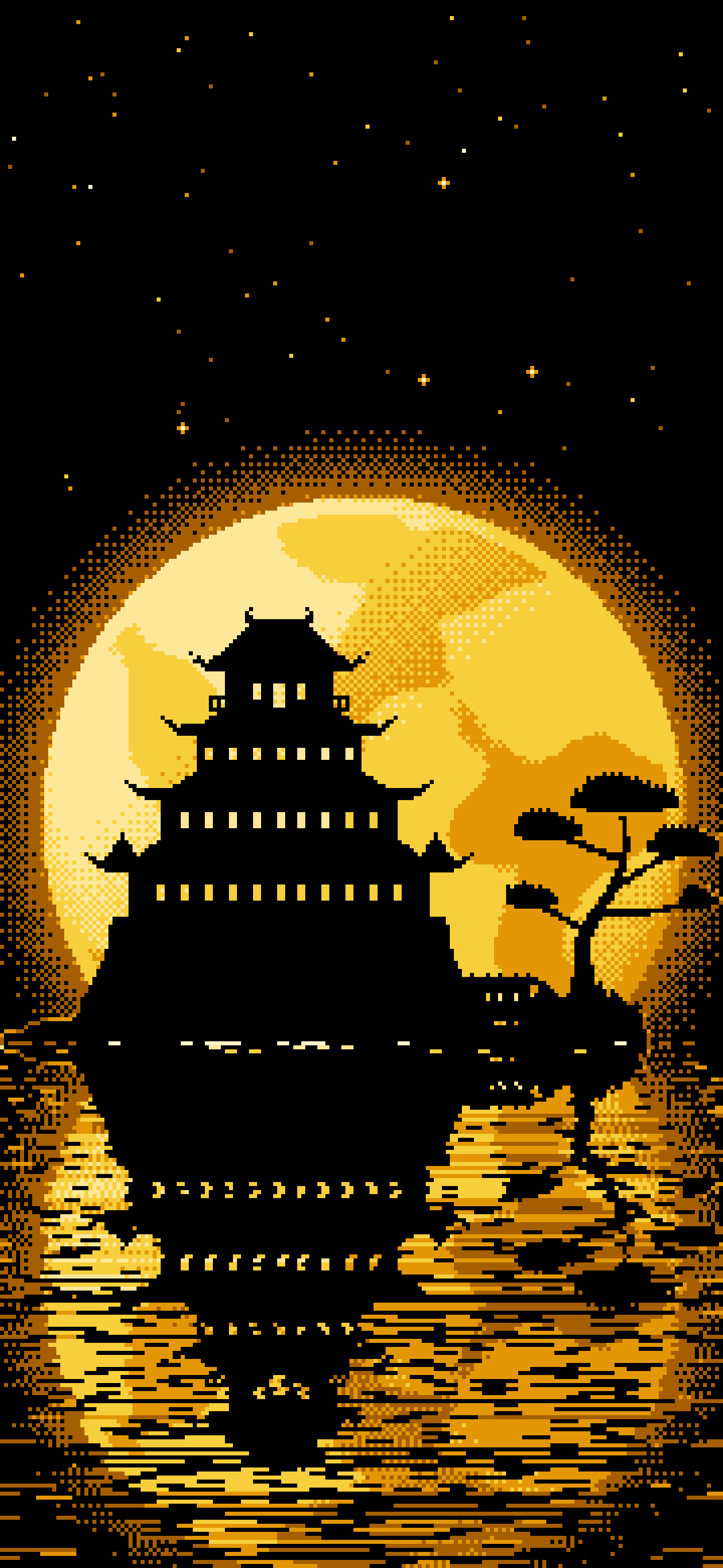 Yellow Pixel Art Japanese Castle and Full Moon wallpaper for iPhone and Android