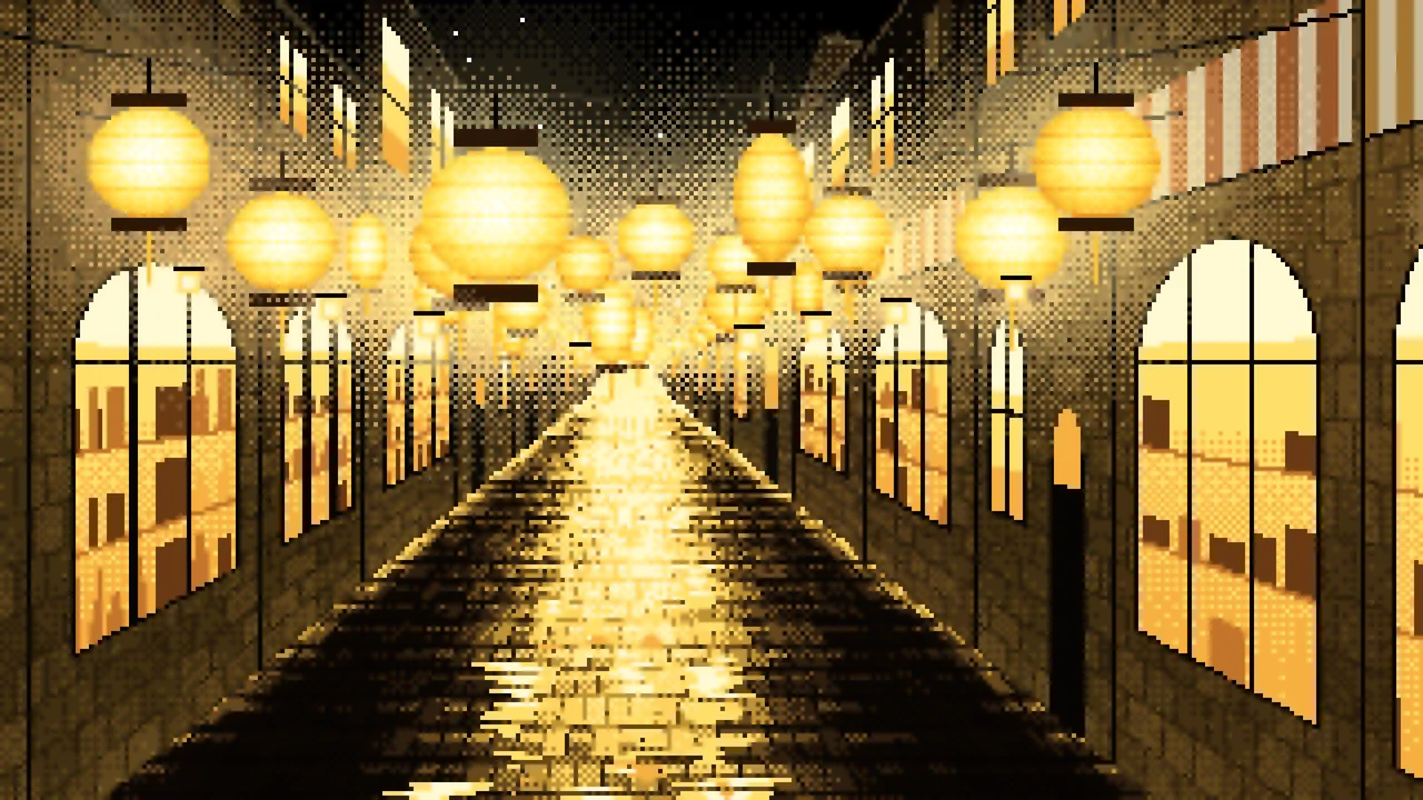 Yellow Pixel Art Lantern Street at Night desktop wallpaper in 4K