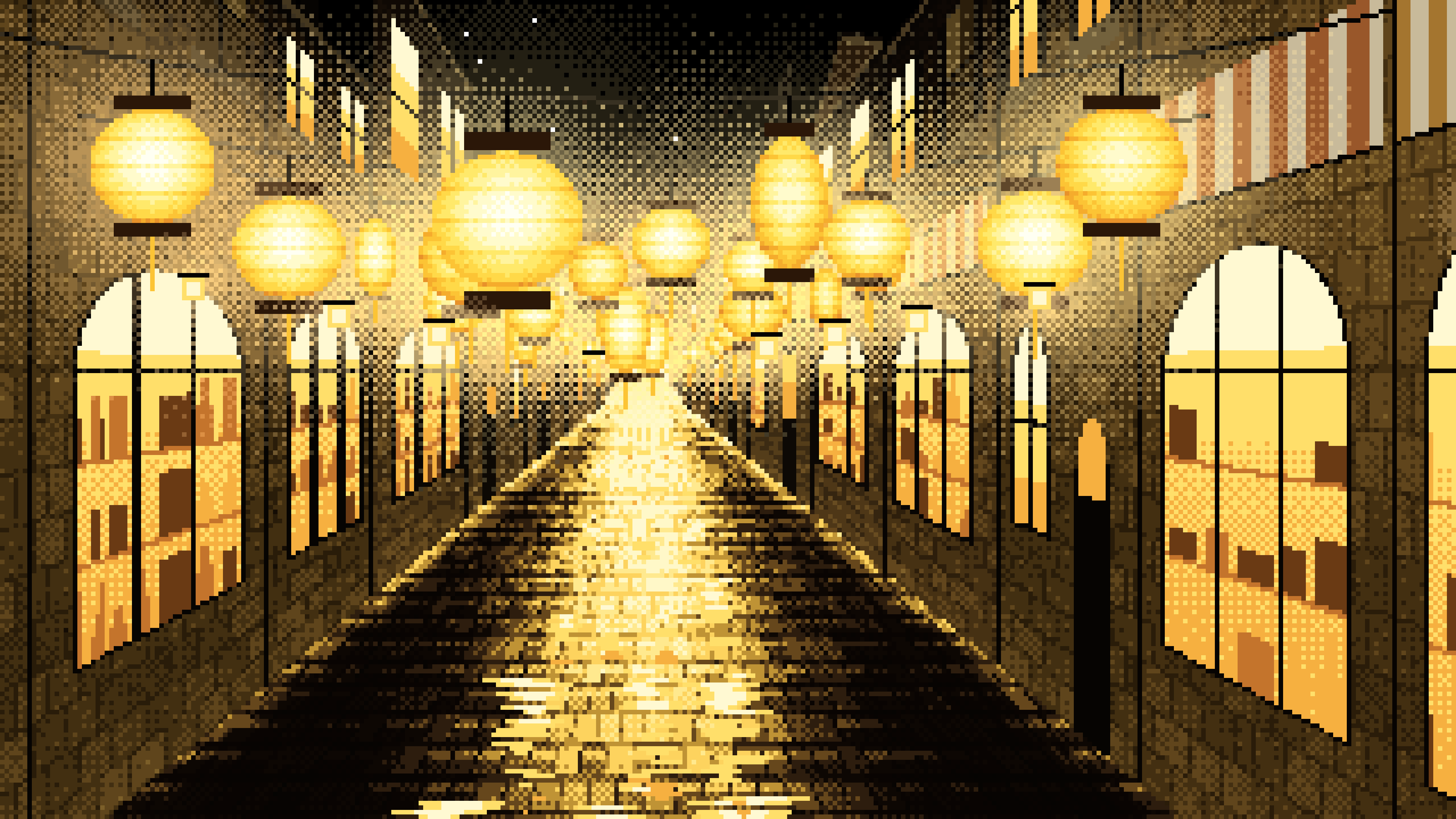 Yellow Pixel Art Lantern Street at Night desktop wallpaper in 4K