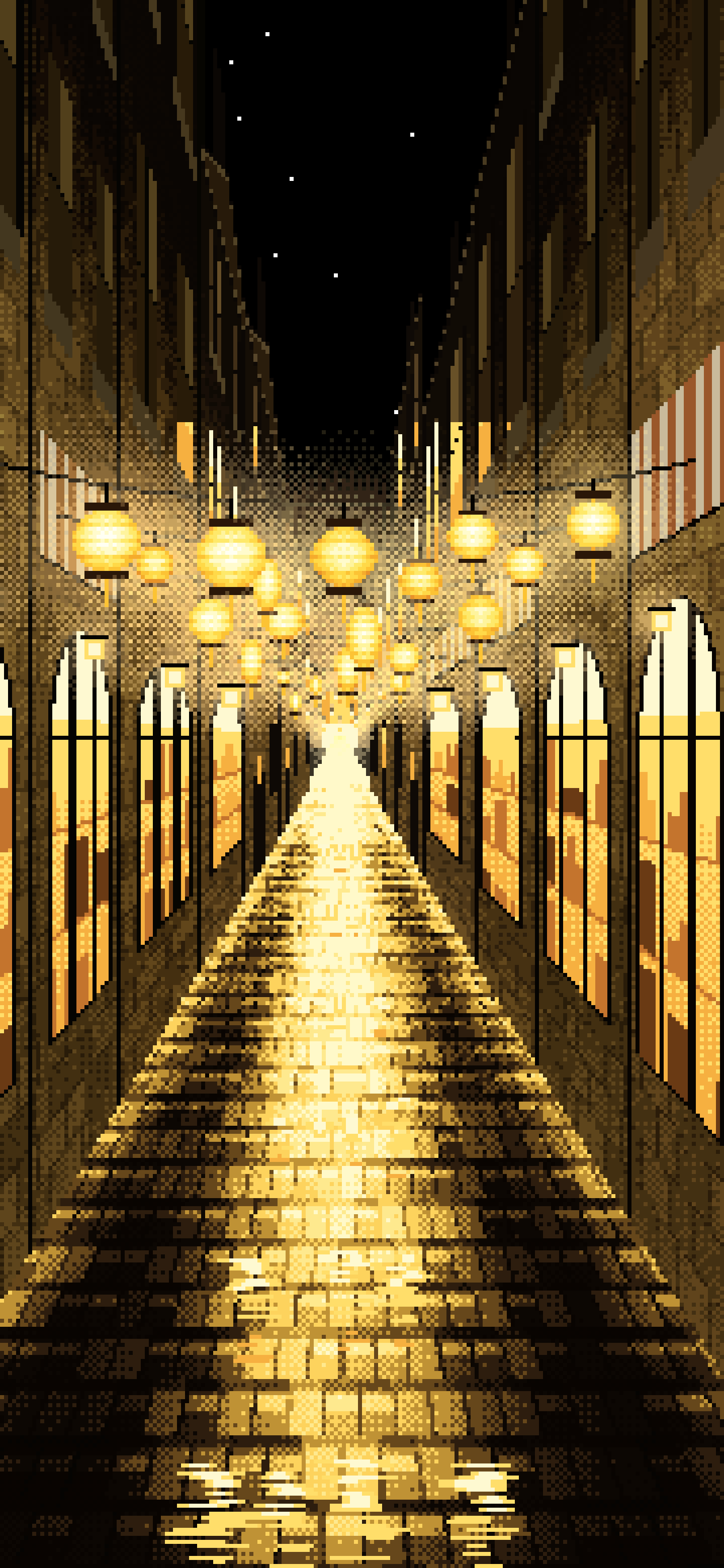 Yellow Pixel Art Lantern Street at Night wallpaper for iPhone and Android